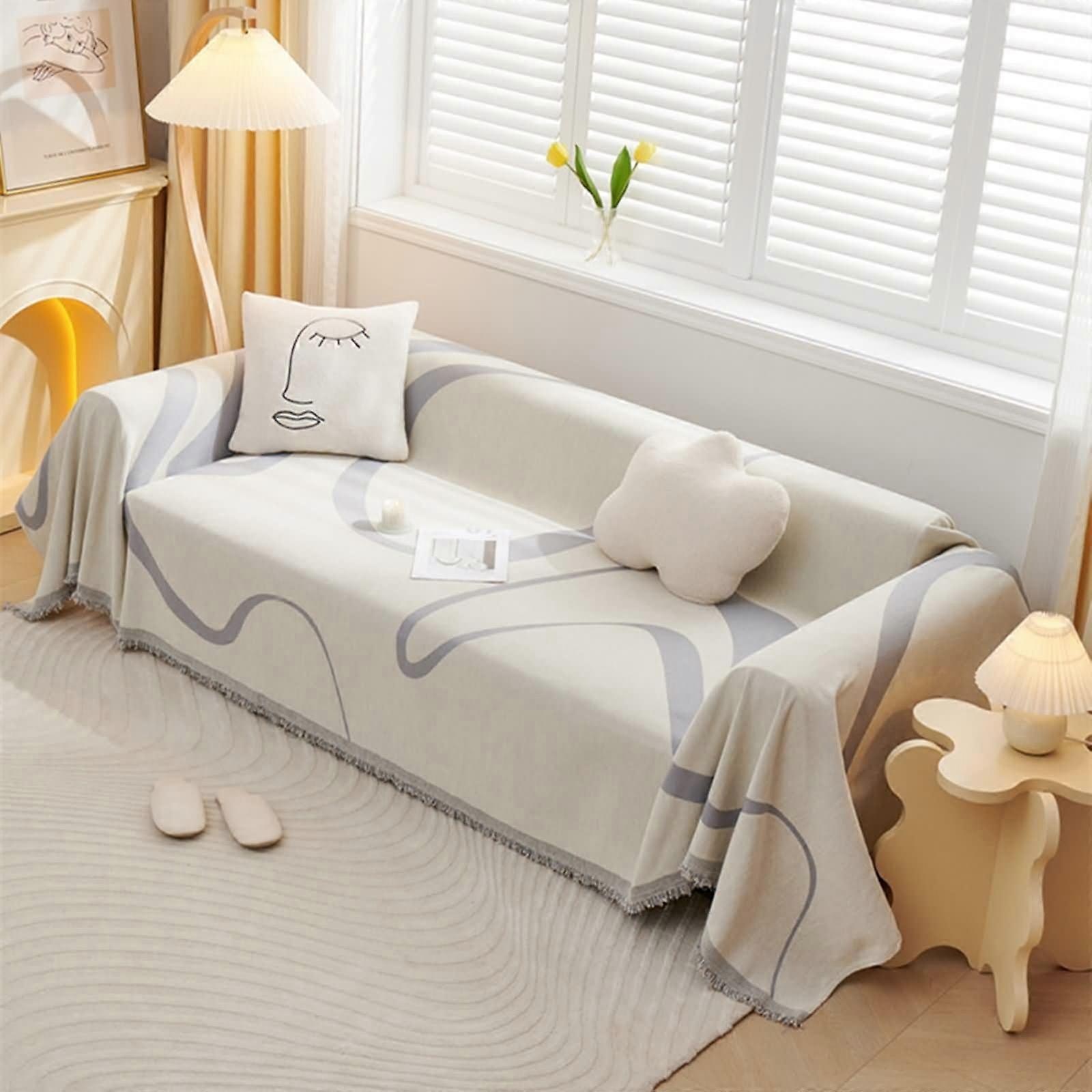 Couch Cover Blanket for Pets Chenille Geometric Lines Pattern Tassel Trim Light Grey 180x90 cm 1 Seater