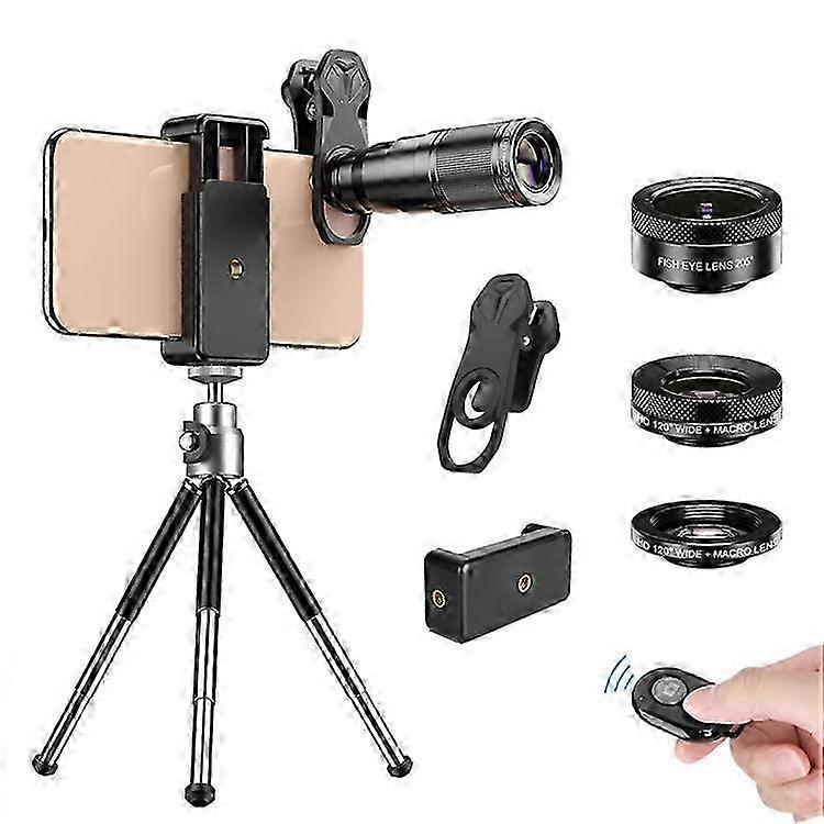 2025 APEXEL Phone Camera Lens Kit, 22X Telephoto Lens + 120° Wide Angle Lens + 25X Macro Lens + 205° Fish Eye Lens