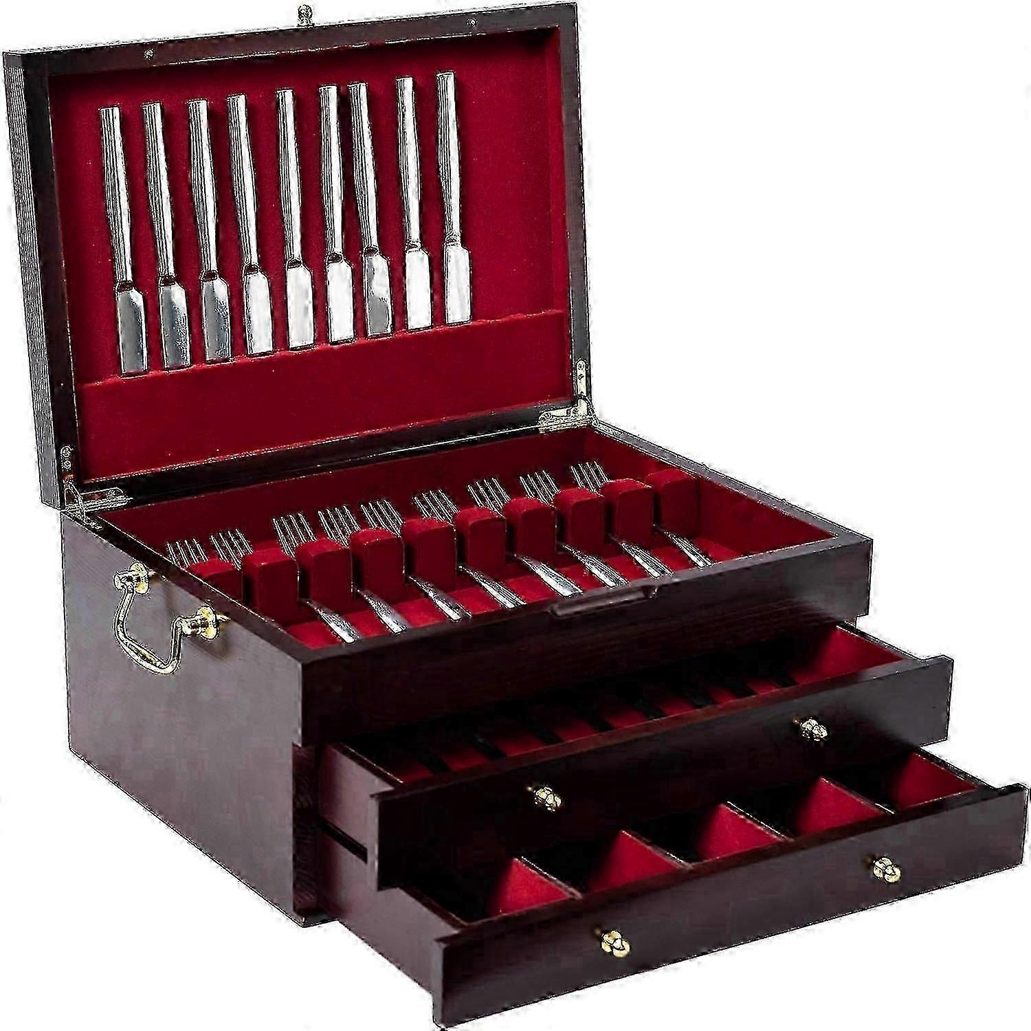 Wooden Cutlery Box with Handle and Felt Lined for 12 or 16 Utensils Brown