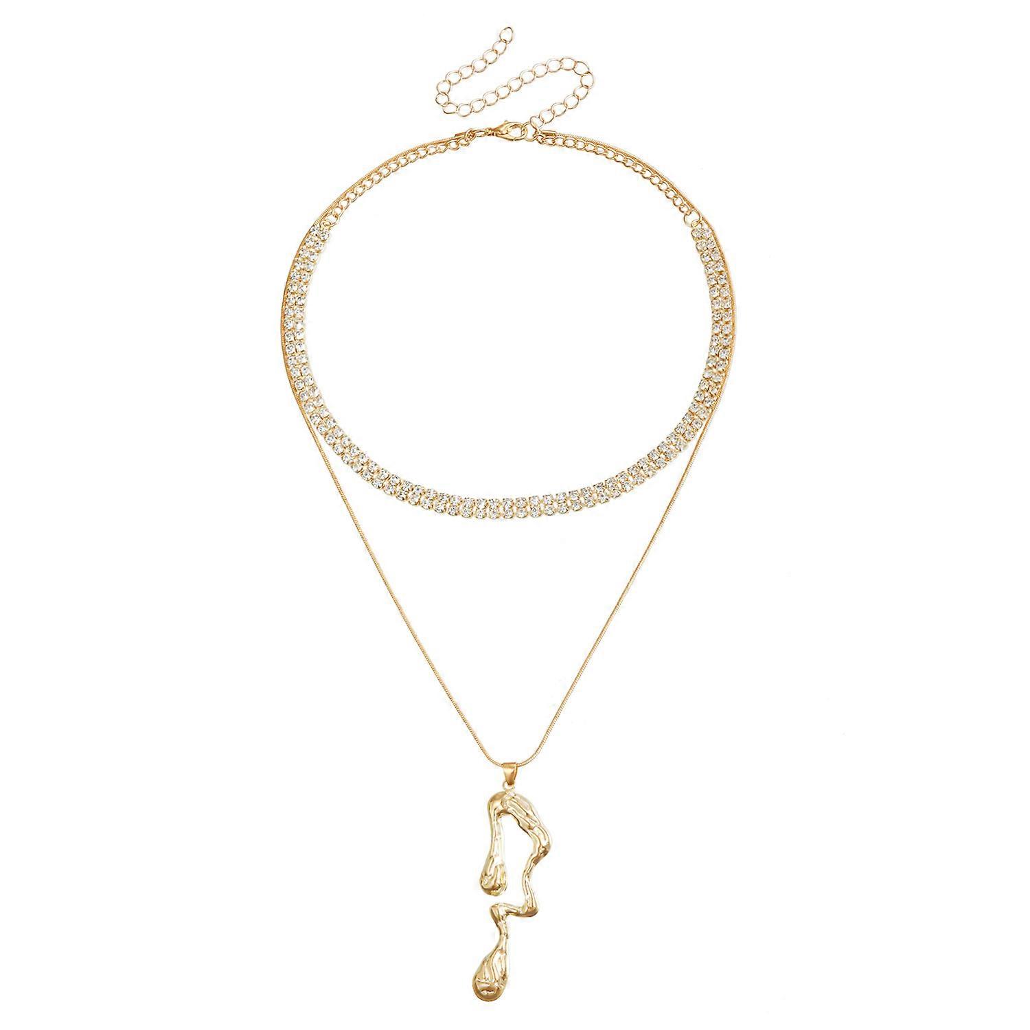 Elegant Double Layer Collarbone Chain, Women's Liquid Fluid Pendant with Diamond Inlaid Crystal