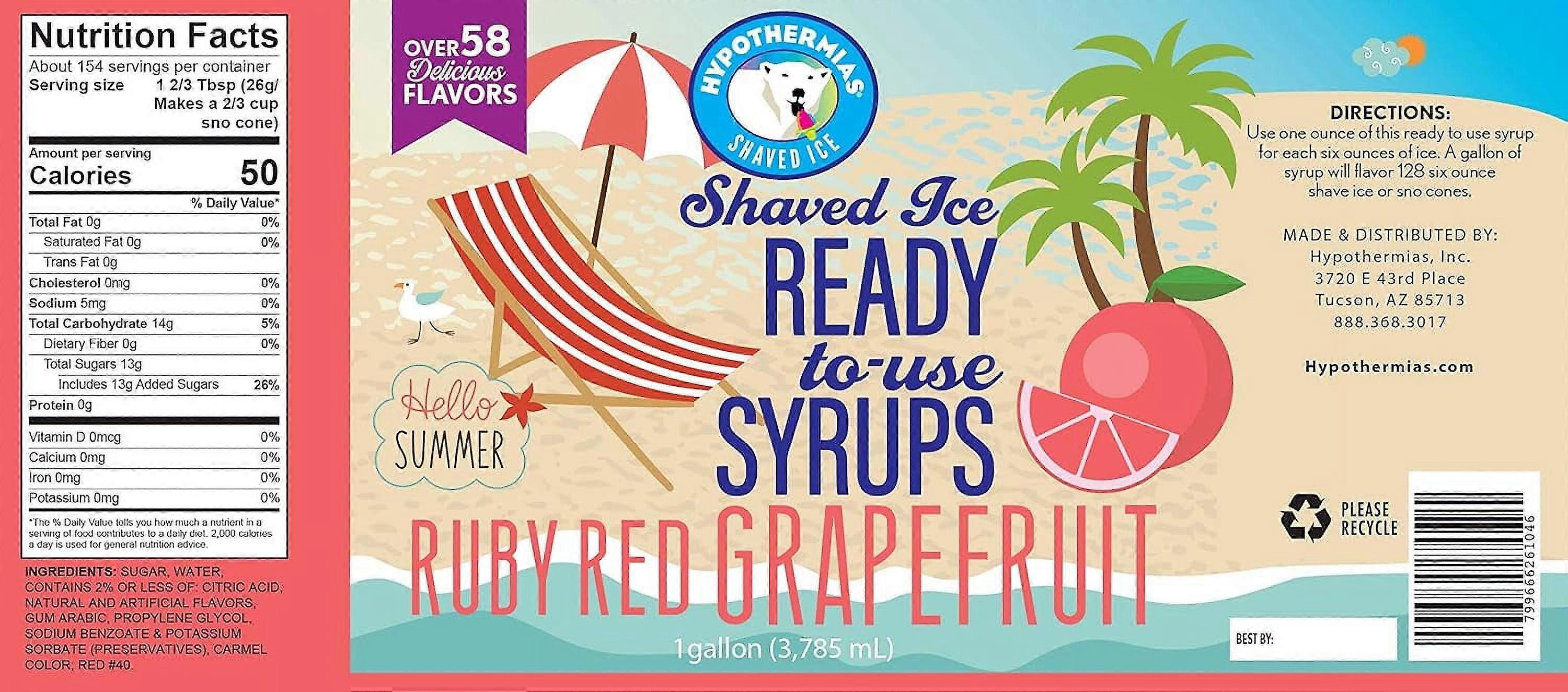 Grapefruit Ready to Use Gallon (128 Fl. Oz) Hawaiian Snow Cone Flavors Syrup - Shaved Ice, 100% Pure Cane Sugar
