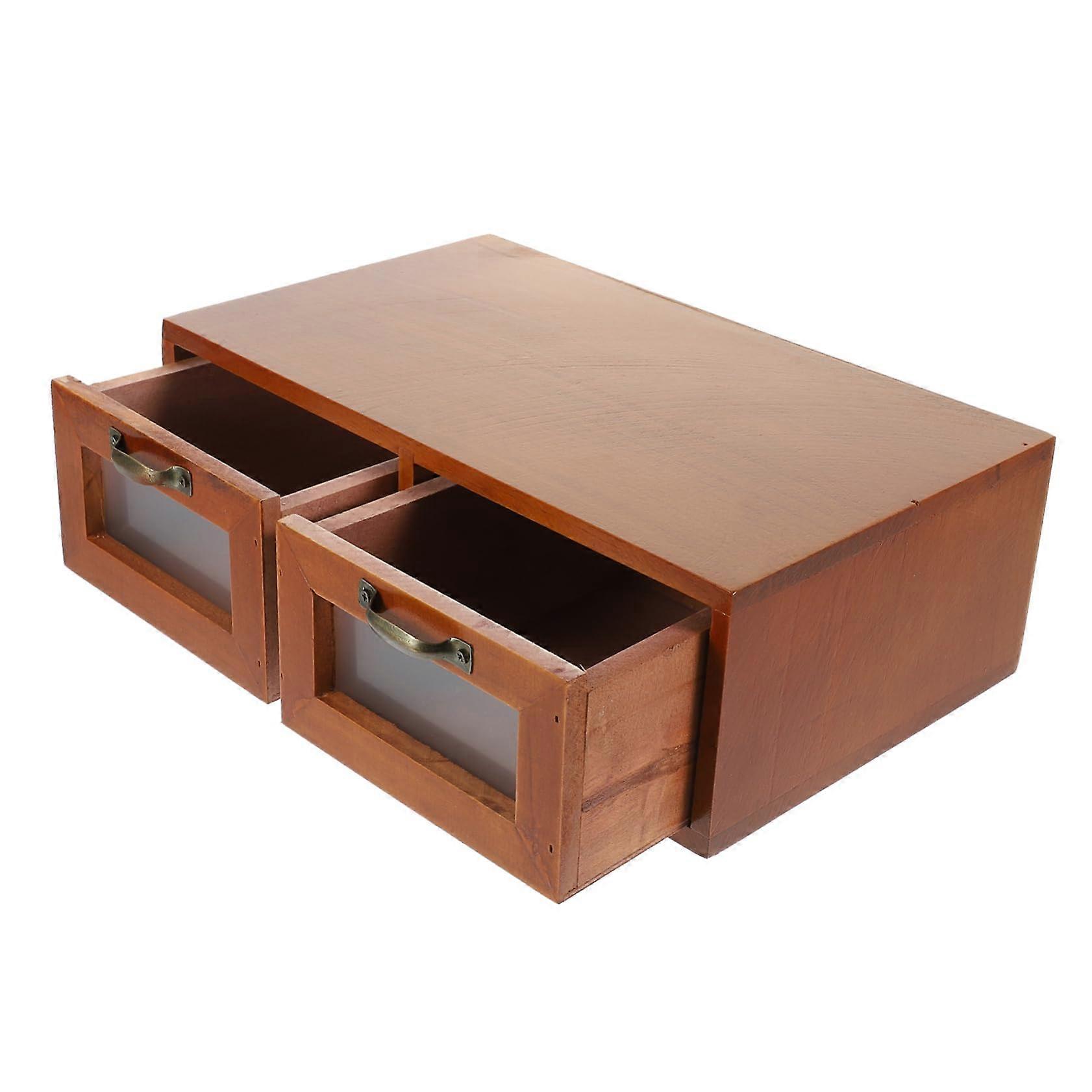 Solid Wood Storage Box For Home Office Rustic TwoDrawer Makeup Organizer Tabletop Organizer For Desk Storage
