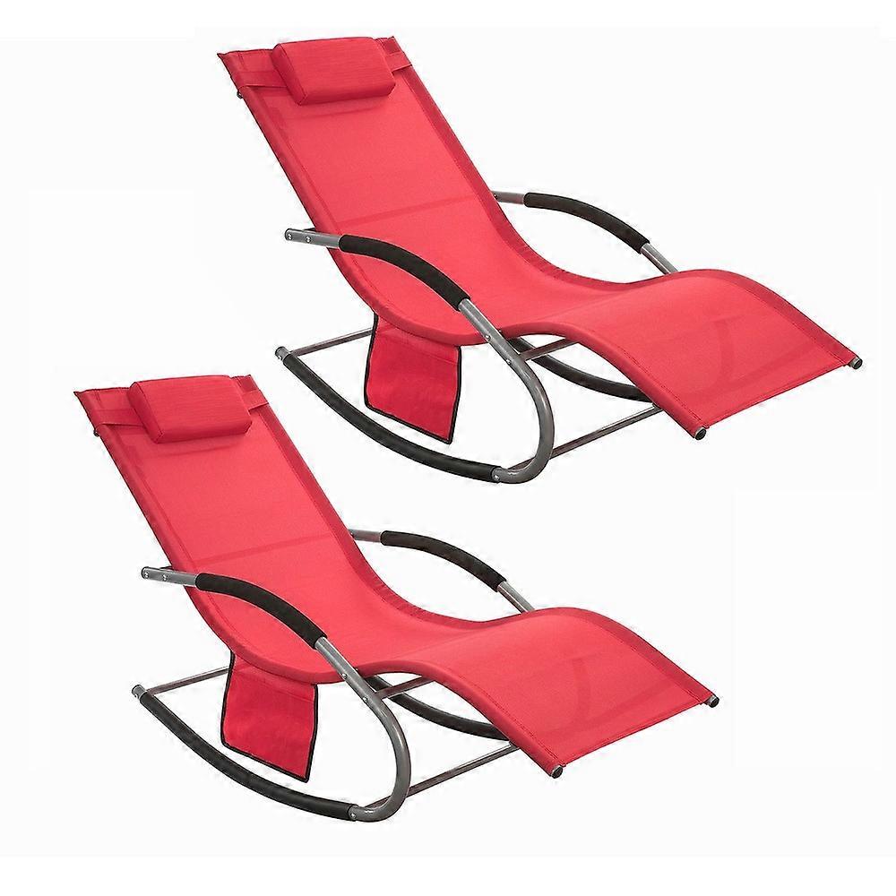Set of 2 Sun Lounger Garden Chair Recliner with Cushioned Pillow & Side Pocket Garden Rocking Chair