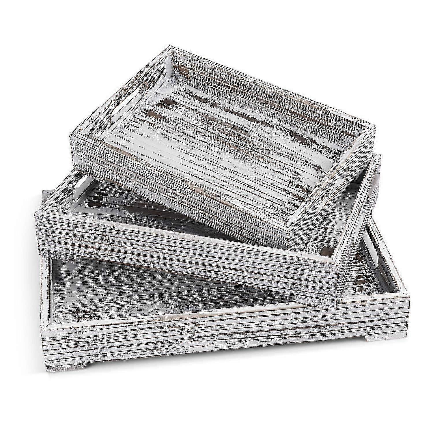 Wooden nesting trays set of 3 rustic whitewash serving tray with cutout handles for breakfast coffee and home display