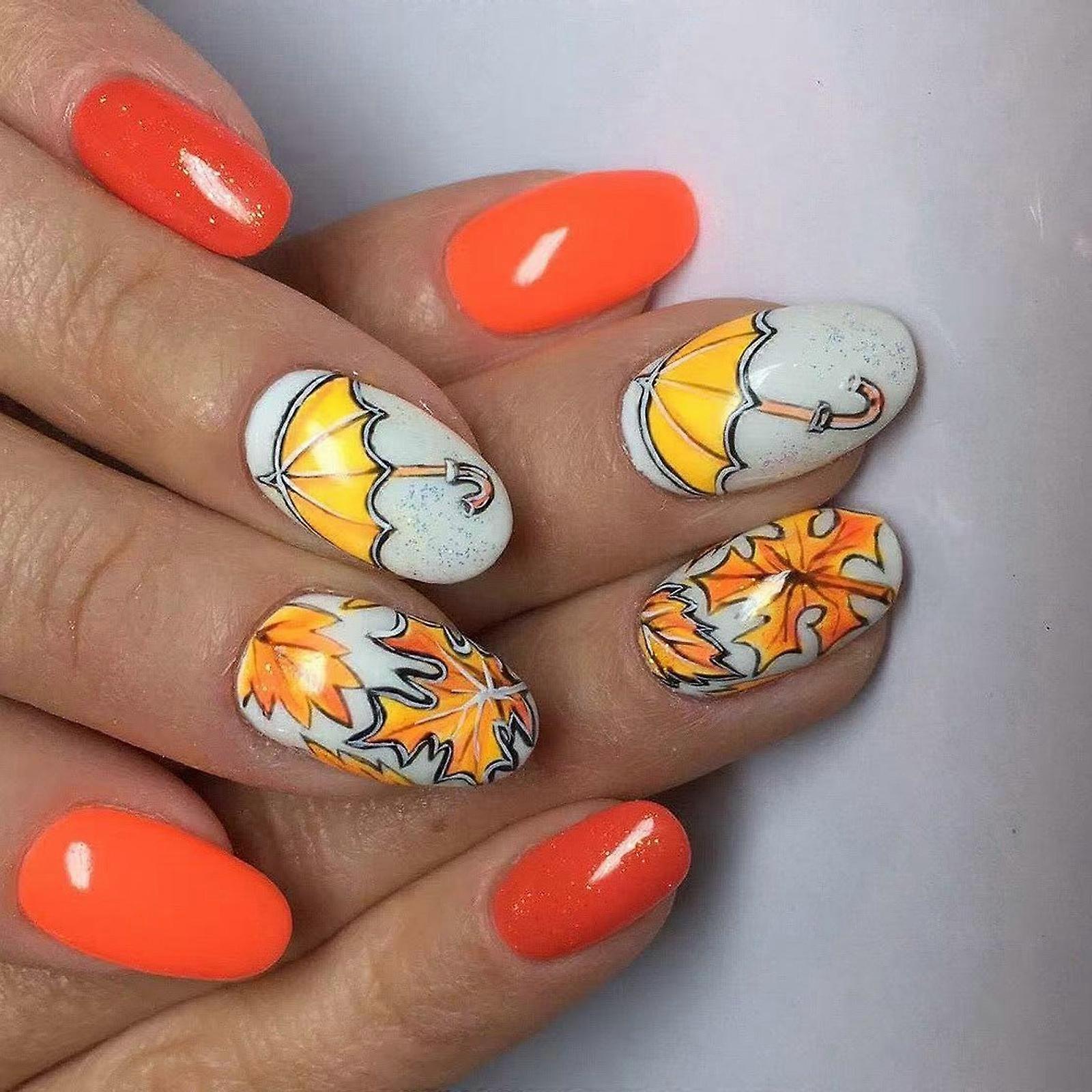 Shine Artificial Tips 24Pcs Kit Winter Leaf Design Short Oval Press on Nail Tips Glittering Face Not Need Adhesive Multicolor