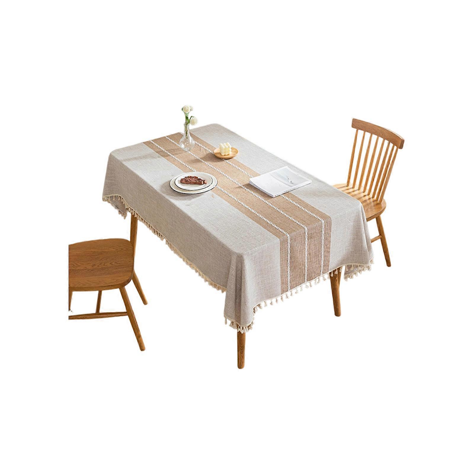 Washable Polyester Table Cover With Fringe Detail Wrinkle Resistant Rectangular Tablecloth For Casual Entertaining  Mica color