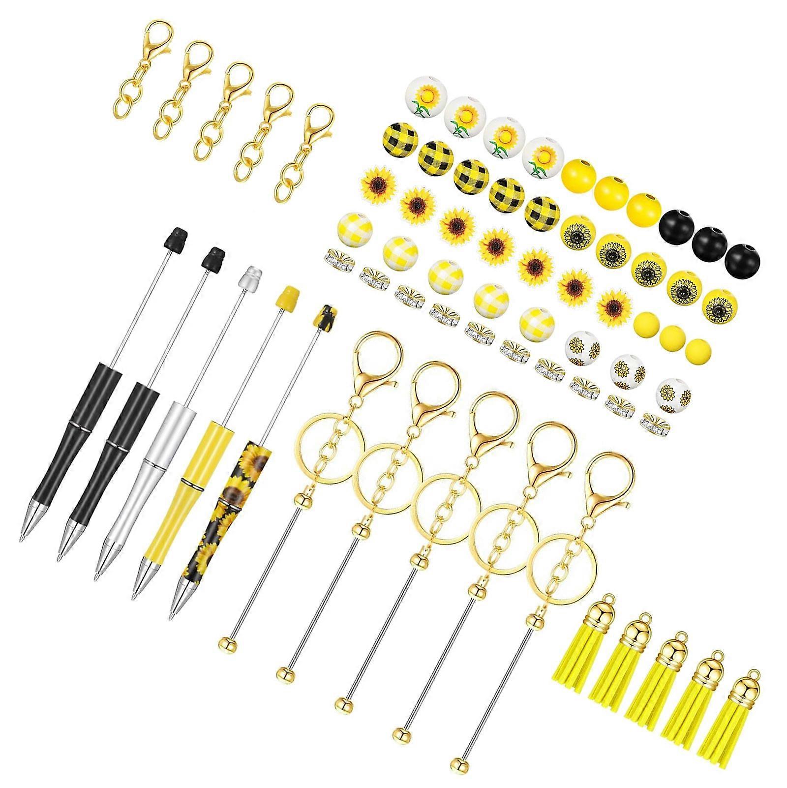 Set of 5 Stylish Bead Pens and Keychain Pendant Handcrafted Wood Beads Writing Tools for Students and Professionals Multicolor