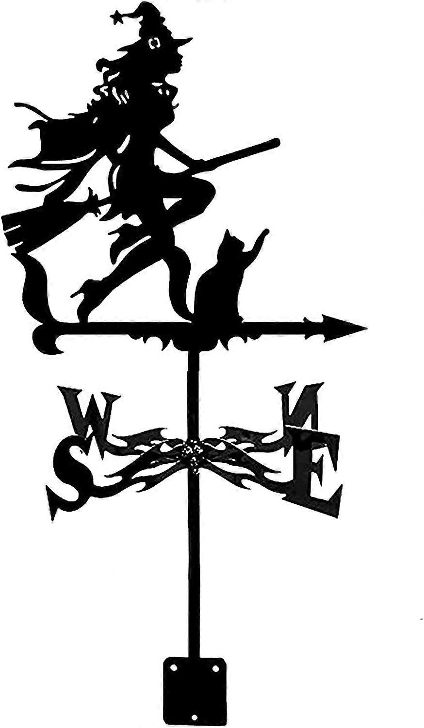 Cast Iron Witch and Cat Weather Vane with Rust Resistant Coating for Farmhouse Roof Wind Direction