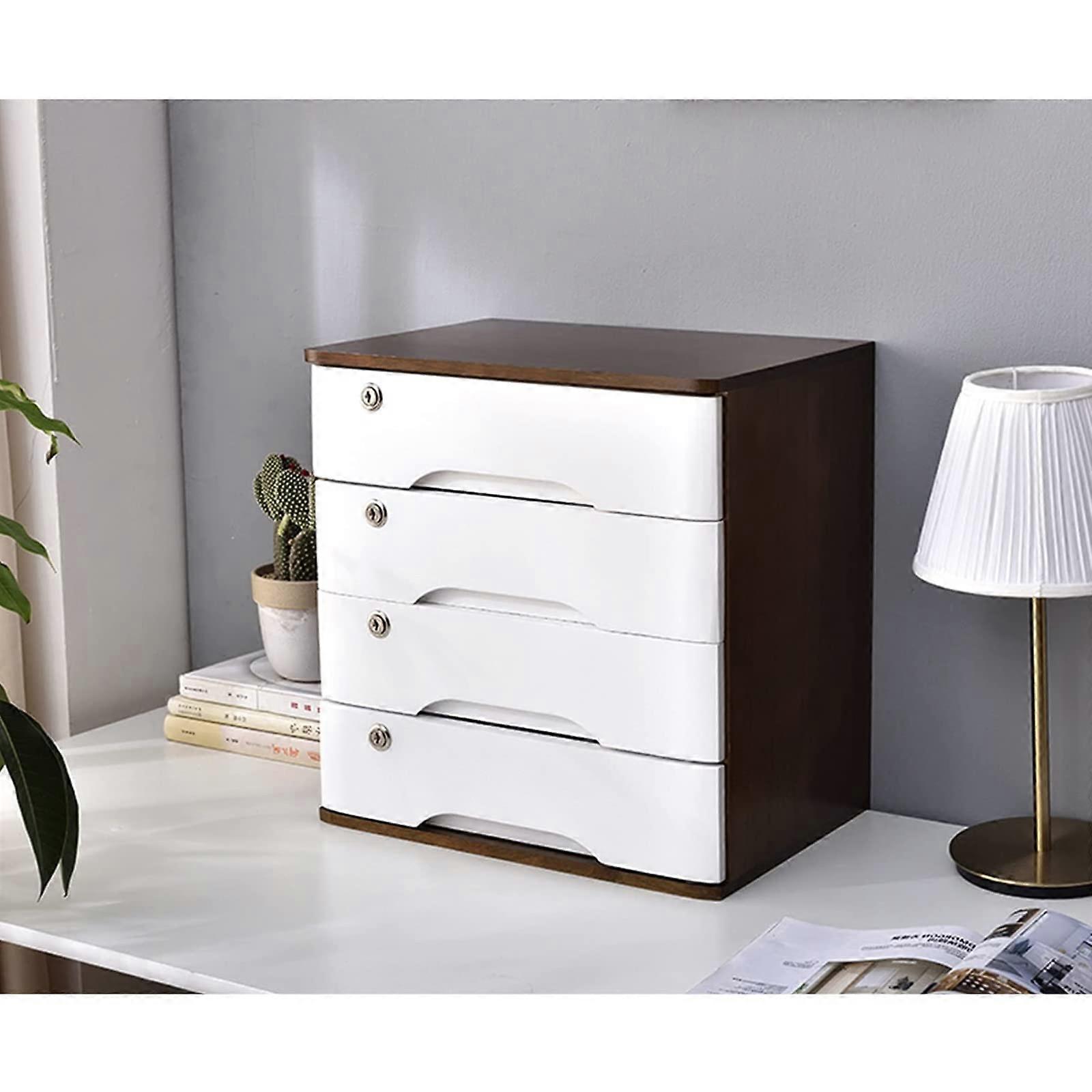 Solid Wood Lockable File Cabinet Storage Box for A4 Documents Receipts Office Home