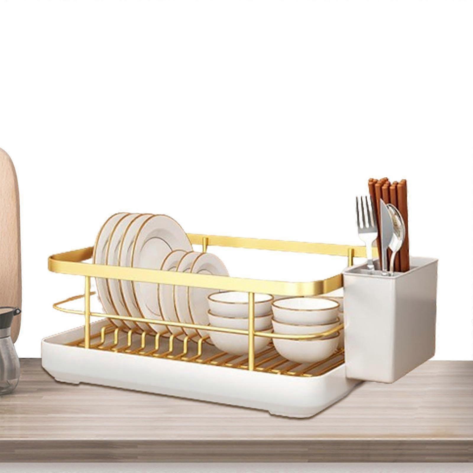 Dish Drying Rack with Drainer Tray, Large Capacity Stainless Steel Countertop Dish Organizer with Utensil Holder, Gold