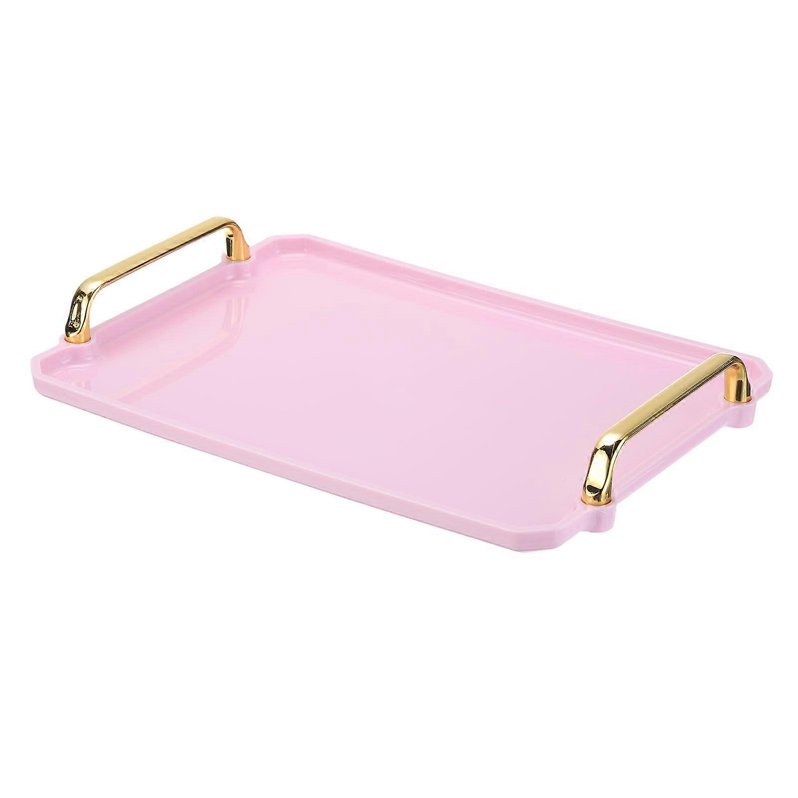 Plastic Serving Tray with Golden Handles, Durable Rectangular Pink Tray for Coffee, Dessert, Tea