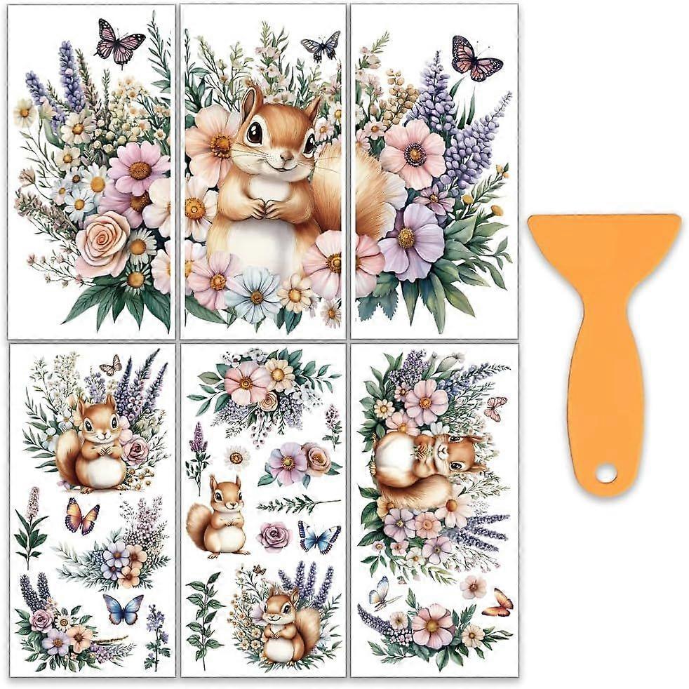 6Pcs/Set Squirrel Rub on Transfers for Furniture and Craft 6x12 Inch Bushes Lavender Furniture Decal Transfer Stickers Rub on Decal with 1pc Scraper f