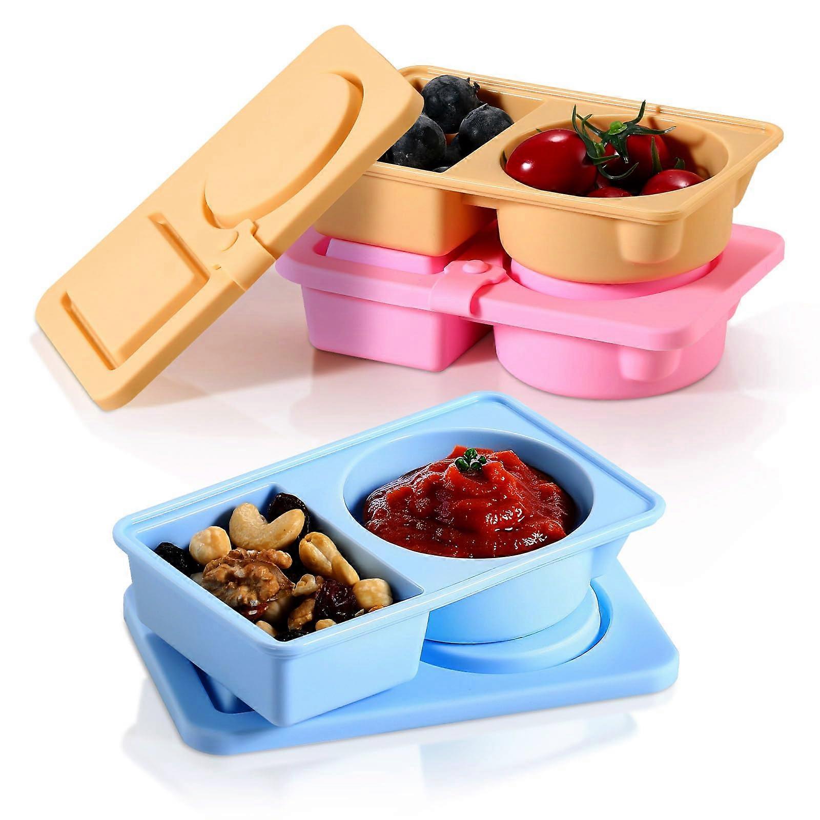 Silicone Snack Containers with Leakproof Lids, Dual Compartment BPA Reusable Snack Boxes (3)