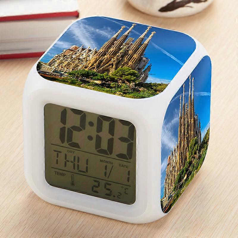 World Architecture Creative Mini Alarm Clock LED Seven-Color Changing Square Clock Multifunctional Silent Electronic Clock