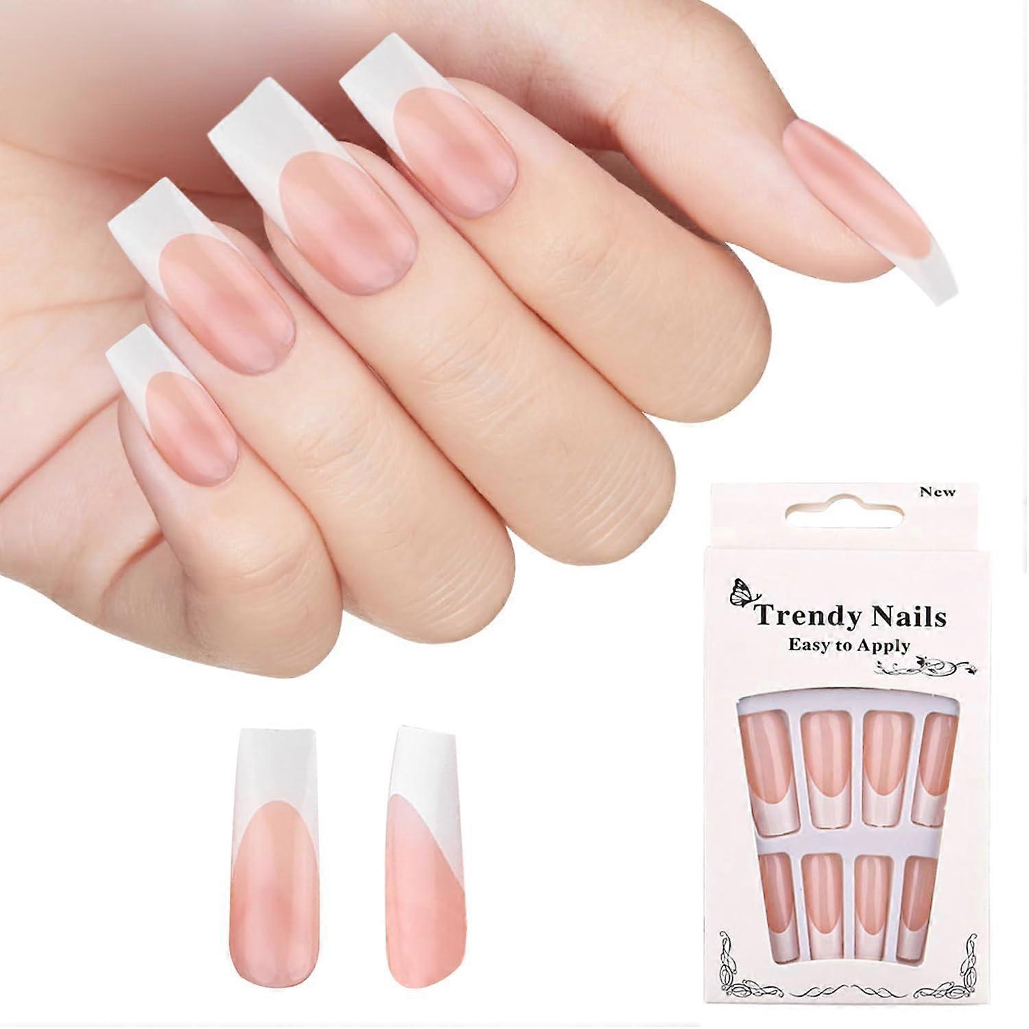 Pink Long Square French Tip Press On Nails Kit with Tools, Natural Full Coverage, Reusable