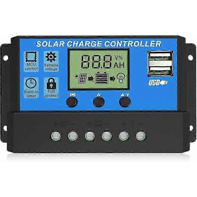 Solar charge controller with dual USB ports, LCD display, 12V/24V 30A.