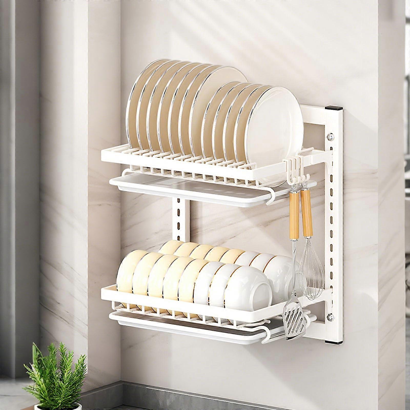 Wall Mounted Dish Drying Rack with Drainboard, Adjustable TwoTier RustResistant Stainless Steel 15in White