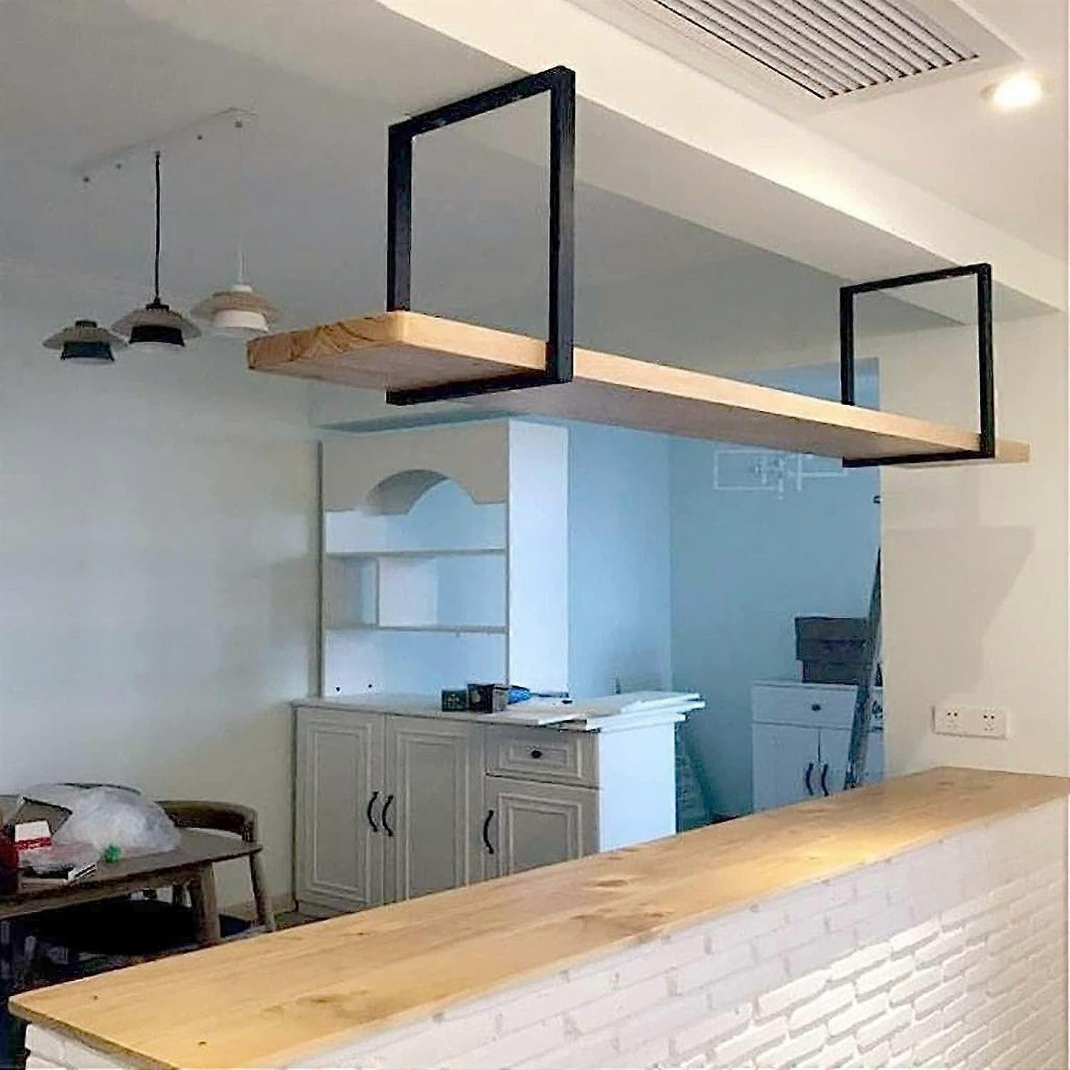 Ceiling Mounted Storage Shelf with Hanging Wine Rack, Rustic Solid Wood, 70kg Load, Kitchen Bar