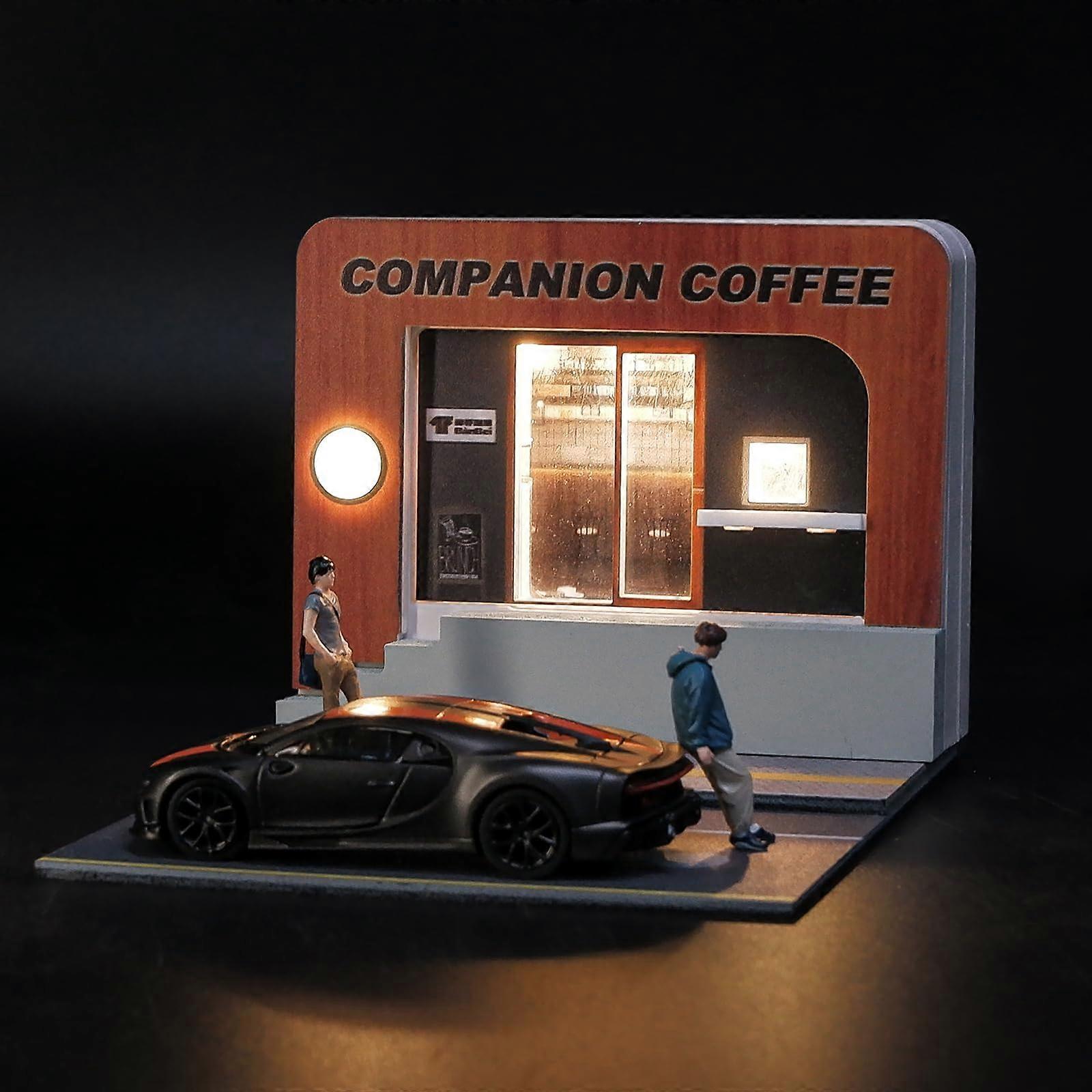 1:64 Diecast Car Display Case with Lights, Coffee  Scene Dustproof Showcase Gift