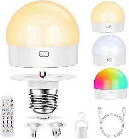 Rechargeable LED Bulb with Remote, Dimmable RGB Colors, Timer Function, E27 & E14 Base, Detachable Design