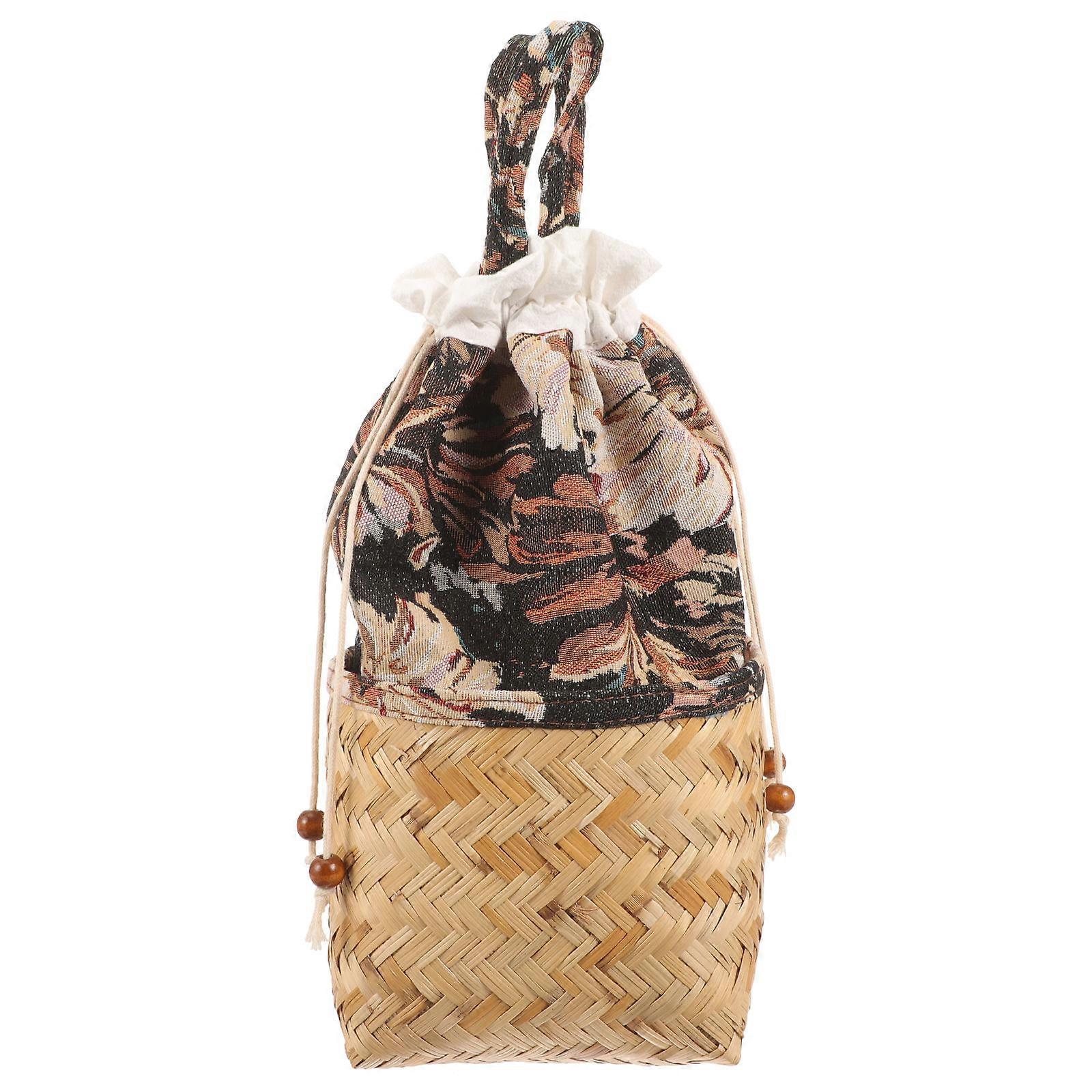 Decorative Reed Woven Basket with Drawstring for Storage Use Multi Color