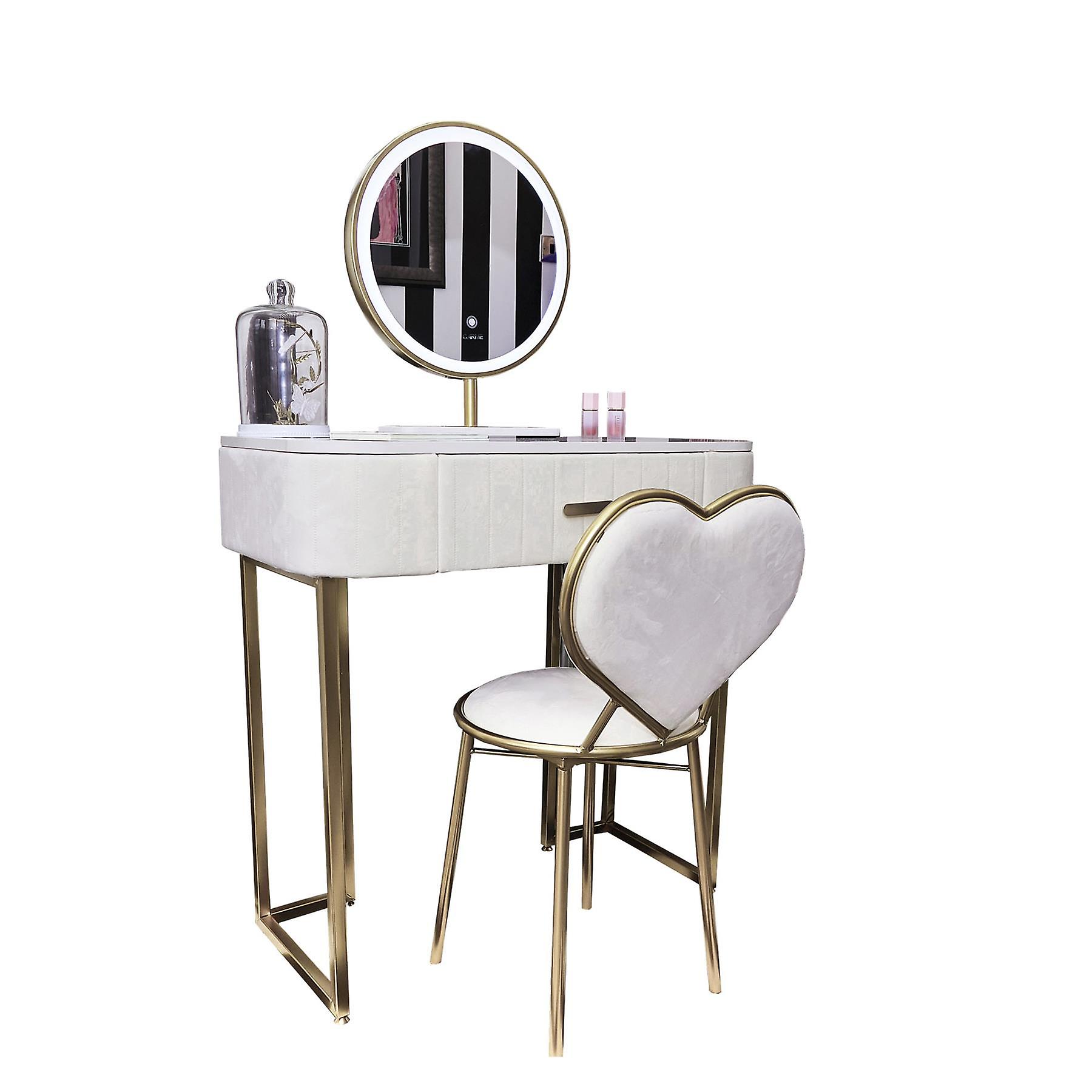 Santorini Dream Velvet Dressing Table with Touch LED Light Mirror Stool Set in French Tip White