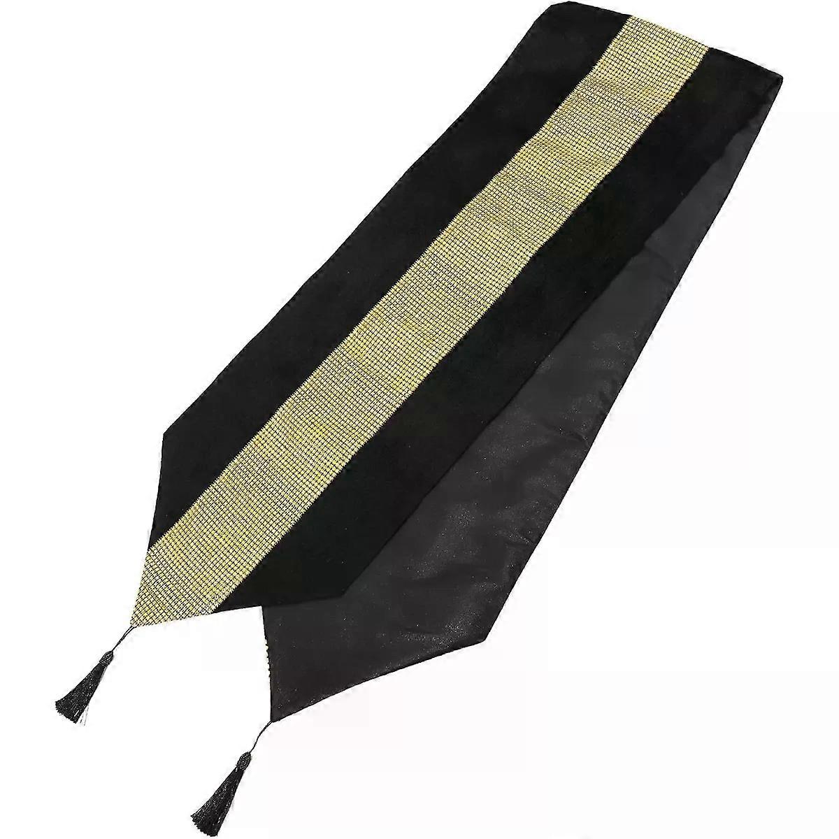 Gold Rhinestone Table Runner Polyester Linen Decor with Tassels