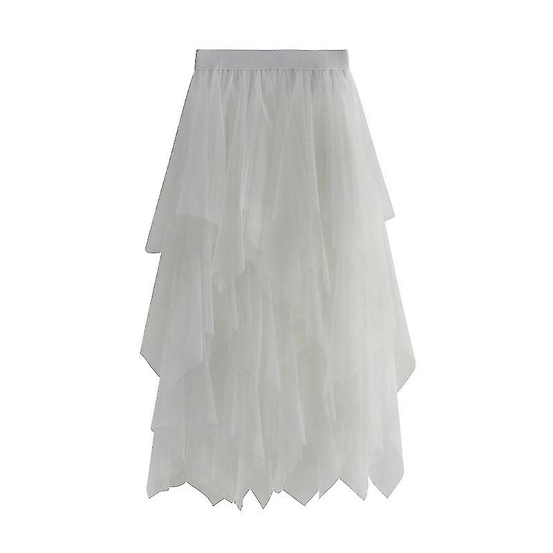 Spring And Summer Irregular Mesh Stitching Skirt High Waist Slimming Solid Color Mid-length Fairy