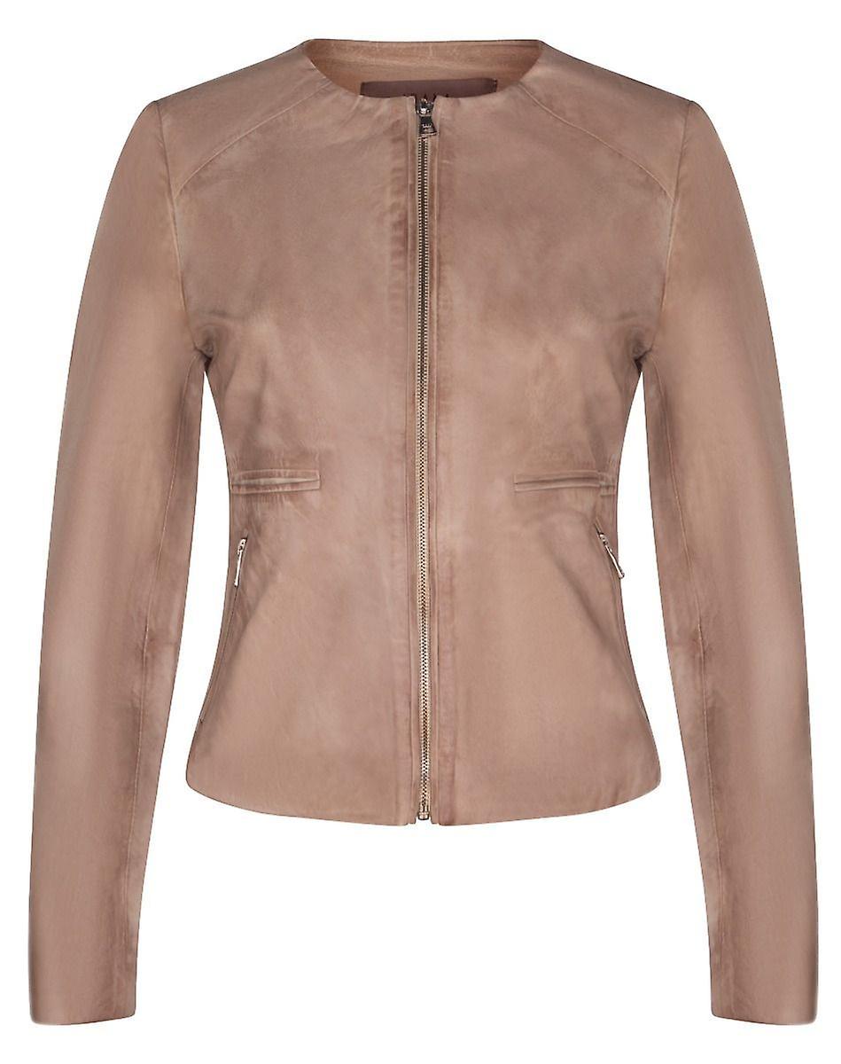 Womens Classic Biker Style Beige Real Collarless Leather Jacket
