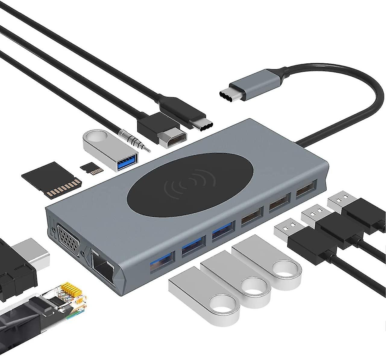 Usb C Hub 15 In 1 Type C Docking Station Usb Splitter With Wireless Charging