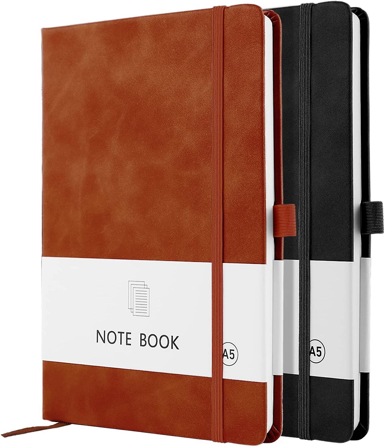 A5 Notebook, 2 Pack Notebook A5 200 Pages 100 GSM Journal Notebook Hardback Notepad with Bookmark, Pen Loop, and Elastic Closure (Black+Brown)