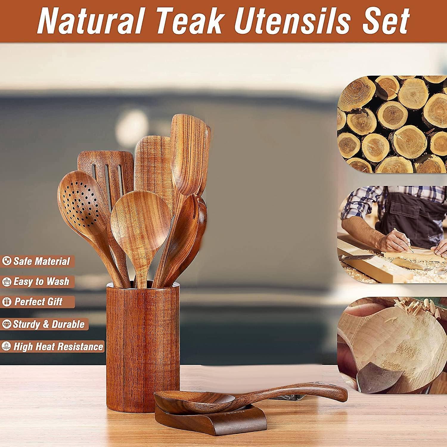 9 PCS Teak Wooden Cooking Utensils Set with Holder - Eco-Friendly Kitchen Tools for Cooking and Serving