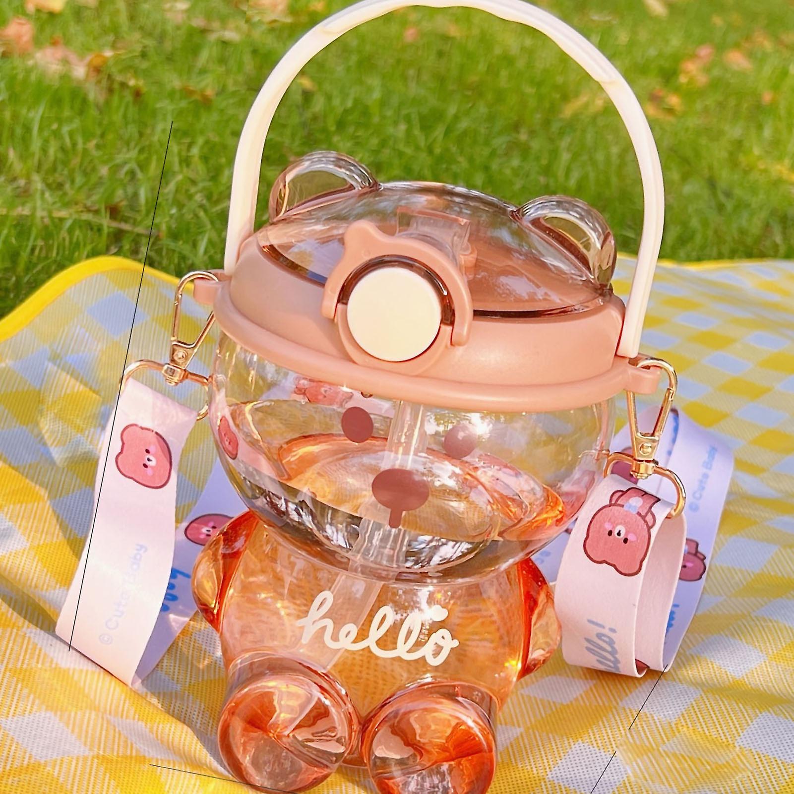 Cute 1000ML Brown Bear Water Cup with Straw & Adjustable Strap