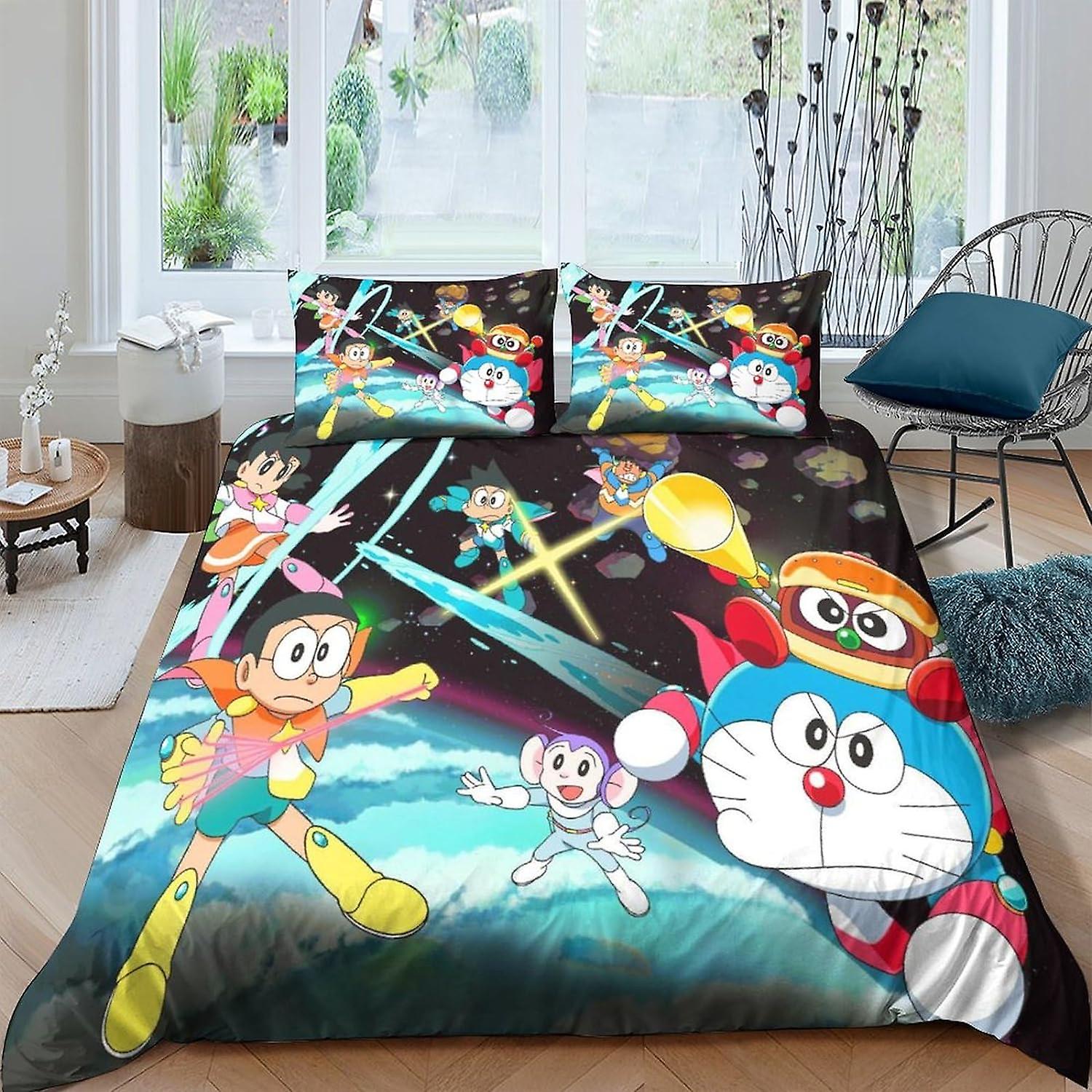 VCLUST Doraemon 3D Three-dimensional Digital Print Duvet Cover Bedding, 3 Pieces, Little Blue Cat Quilt Cover Piece Matching Pillowcase with Zipper Cl