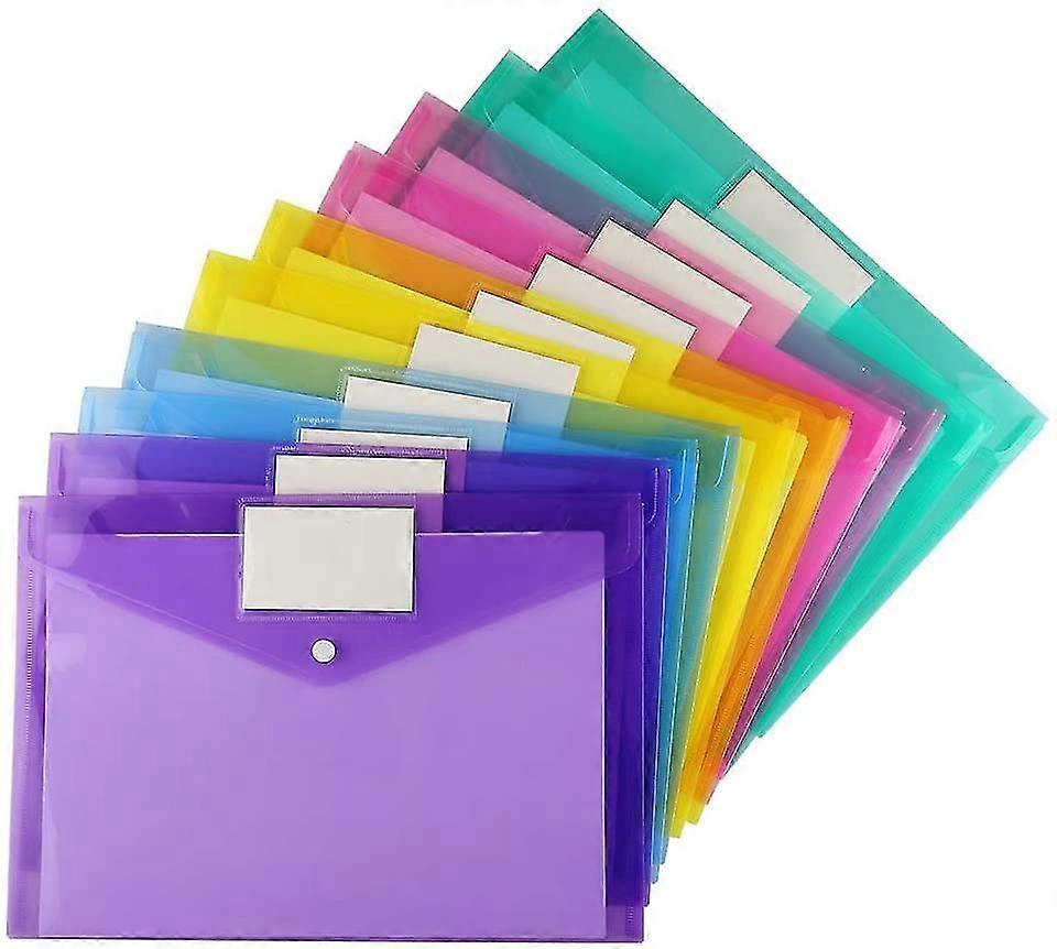10pcs Clear Document  A4 Size File Envelopes With Label Pocket & Snap Button For Home Work Office