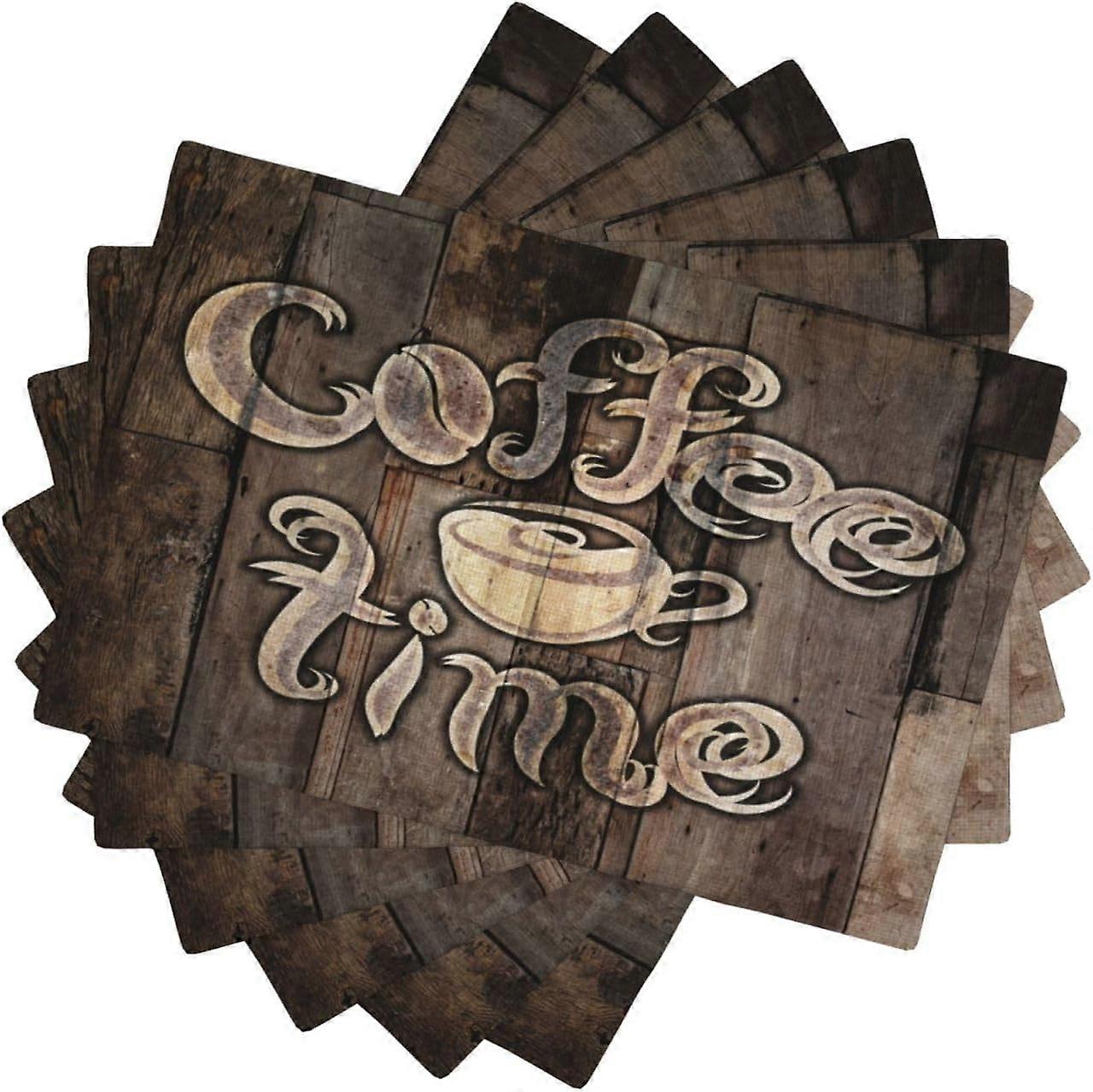 Coffee Place Mats Set of 4,Coffee Time Phrase with A Cup on A Wooden Grunge Background Kitchen Image Placemats for Dining Table 6 PCS, Cafe-1