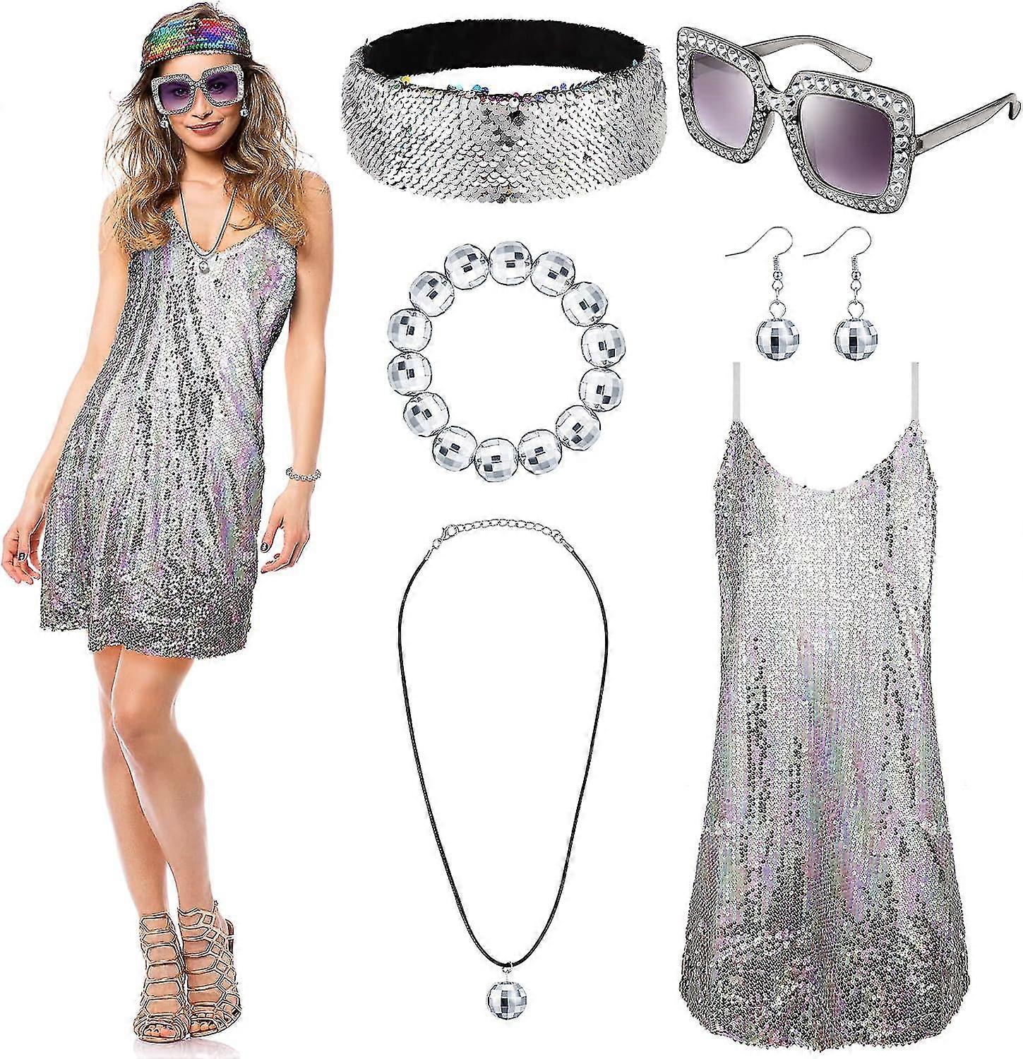 6 Adet 70'ler Disko Kostüm Kadın Disko Kostüm Kıyafet, 70'ler Dans Elbise Kafa Bandı Disko Topu Küpe Kolye Bilezik Güneş Gözlüğü