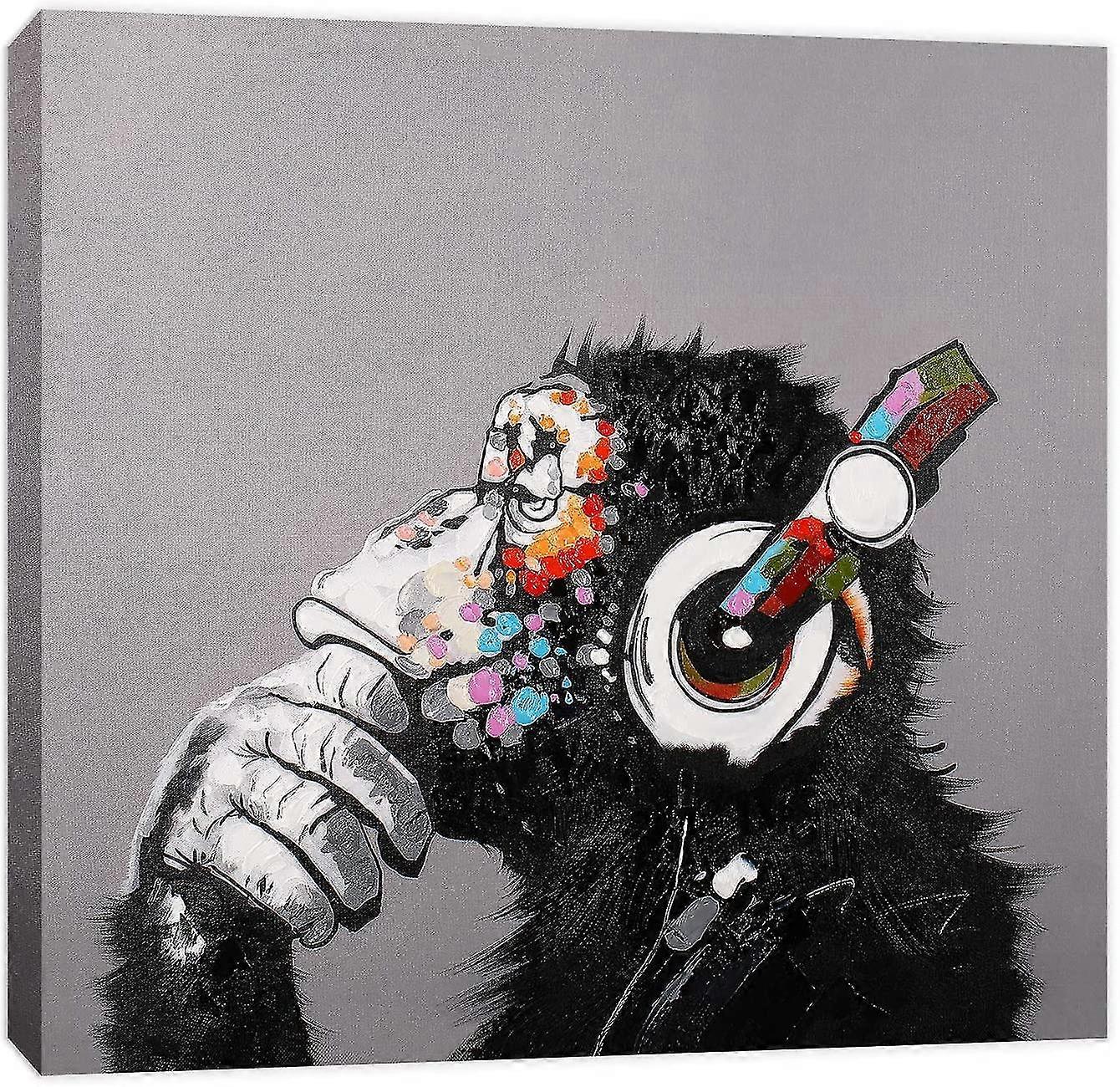 Modern Pop Art Decor - Thinking Monkey With Headphones Canvas Print Home Decor Wall Art, Frameless, (50 X 50 Cm), 20x20