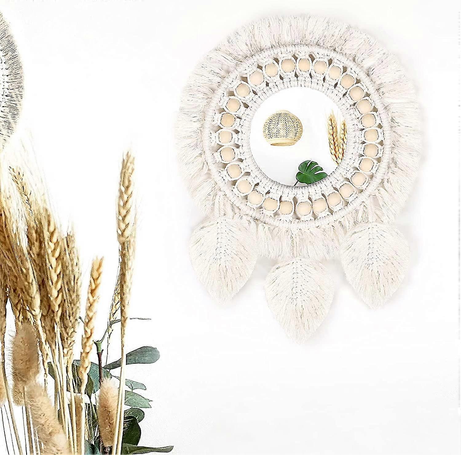 Wall Mirrors, Round Hanging Mirror With Handmade Macrame Fringe, Boho Antique Mirror, Wall Decor, Nordic Mirror, Cotton Rattan Round Mirror, Home Acce