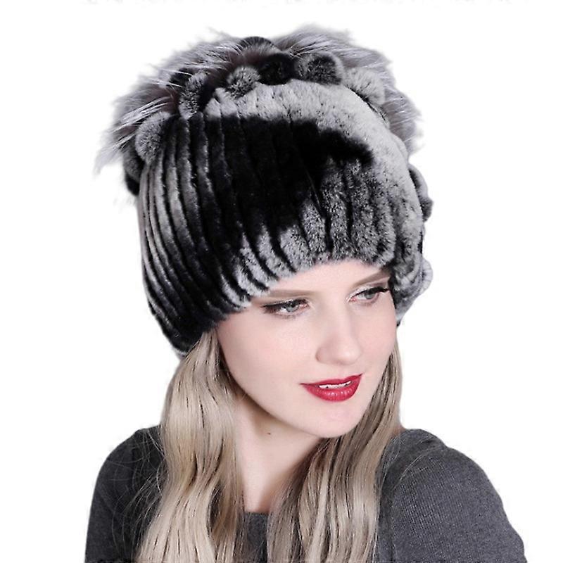 MIMIGO Winter Women Fur Hat Natural Rex Rabbit Fox Fur Cap Female Fur Headwear Elastic Knited Hat Warm Beanies Caps With Rabbit Fur Pompoms Christmas 