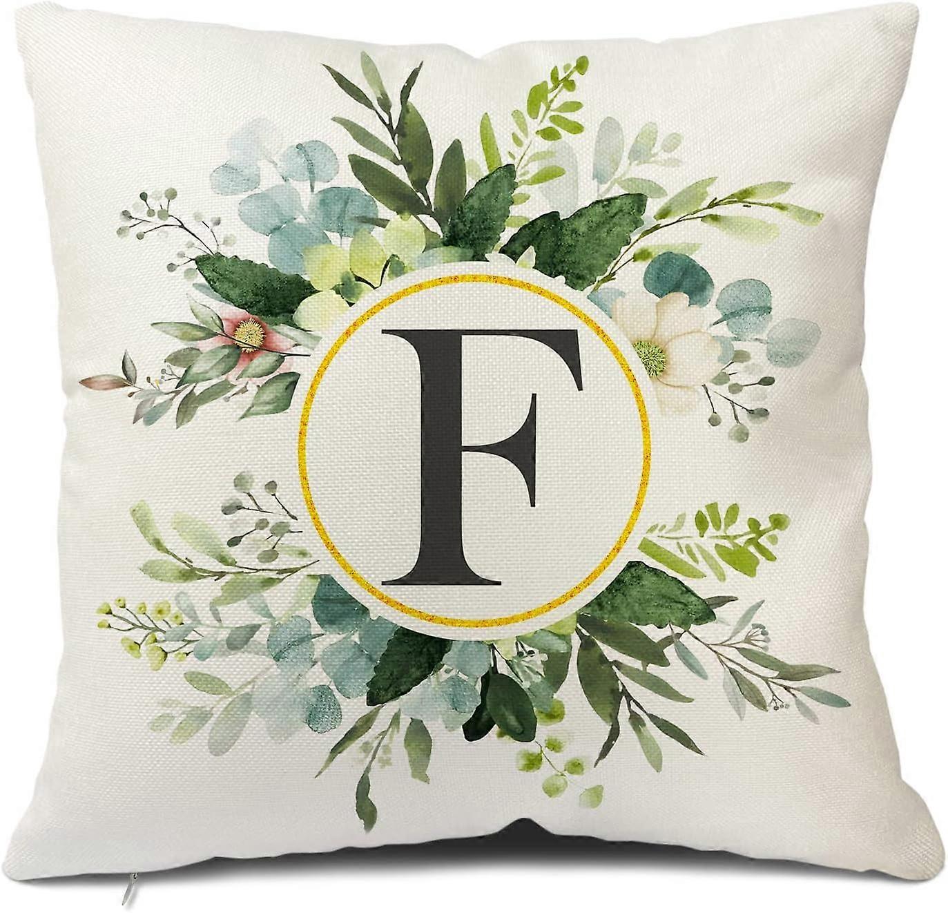Monogram Letter F Throw Pillow Covers Floral 18x18 Inch, Greenery Spring Pillows Decorative Throw Pillows Pillowcase Summer Farmhouse Decor for Couch