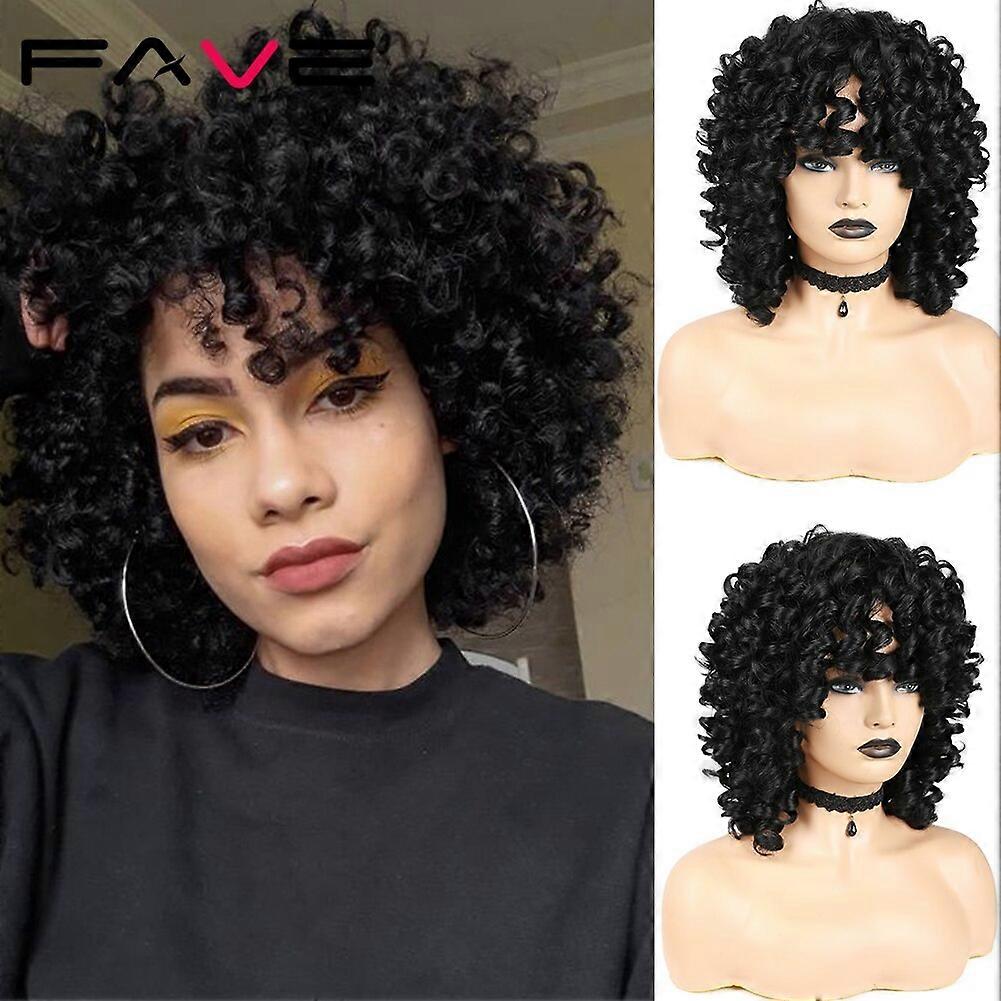 Fave Short Kinky Curly Wigs with Bangs for Women Afro Curly Loose Wave Hair Wig SyntehticOmbre Dark Brown Big Bouncy Fluffy Wig