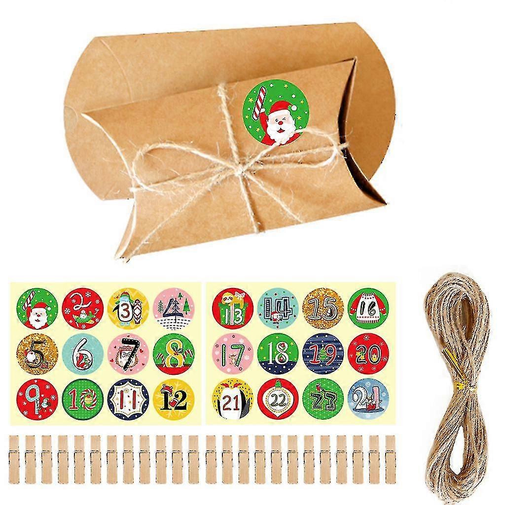 24 Sets Christmas Advent Calendar Candy Pillow Boxes With Number Lapel Wooden Clips Hemp Rope Diy Xmas Countdown Treat Bag Packaging Box Decoration