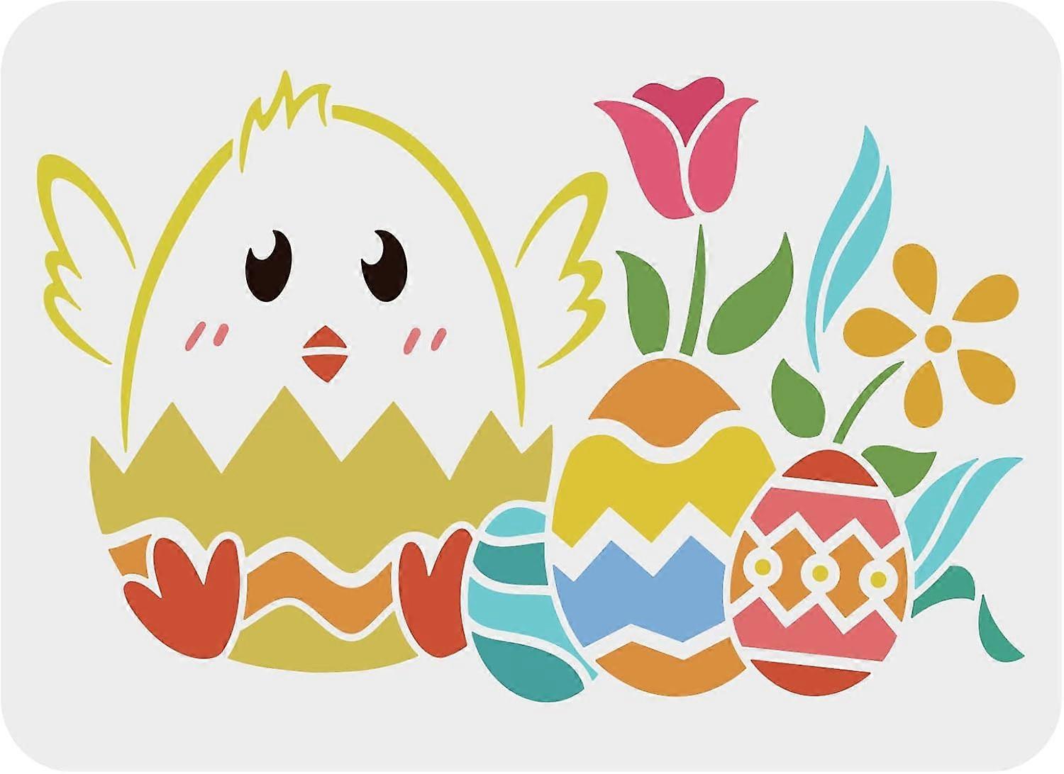 Easter Eggs Stencil 11.7x8.3 inch Chick Broke Out Shell Egg Stencil Template Eggs Flowers Painting Stencil Plastic Eggs with Chick Pattern Stencil Reu