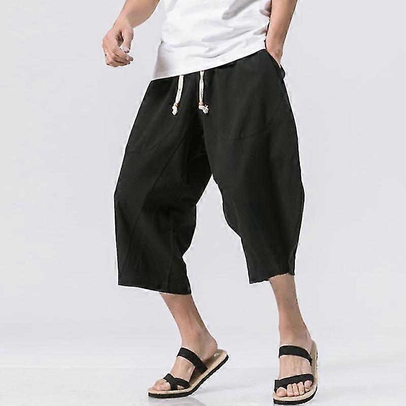 Men Drawstring Trousers Casual Jogger Bottoms Elastic Waist Capri Pant