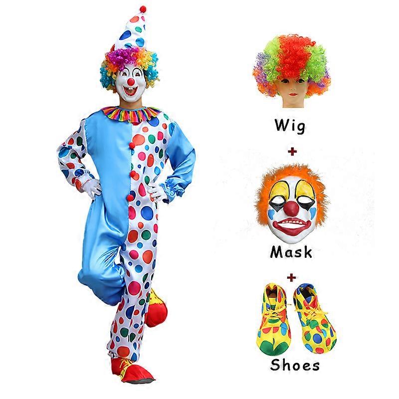 Costume Clown Homme 5 Pièces - Cirque Carnaval Avec Perruque, Nez Rouge Et Accessoires