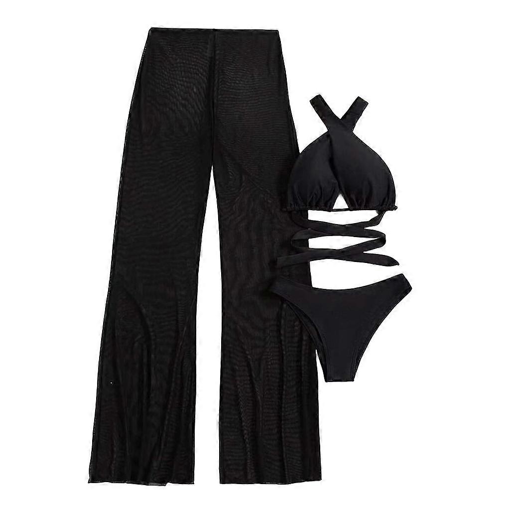 Womens 3piece Swimsuit Solid Halter Bikini Set With Sheer Cover Up Pants