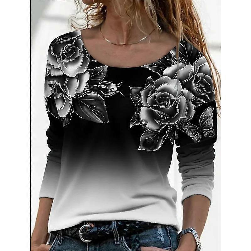 VEZFAA Women's Fashion Casual Spring Fall Flower Pattern Print Long Sleeve O-Neck Blouses & Shirts