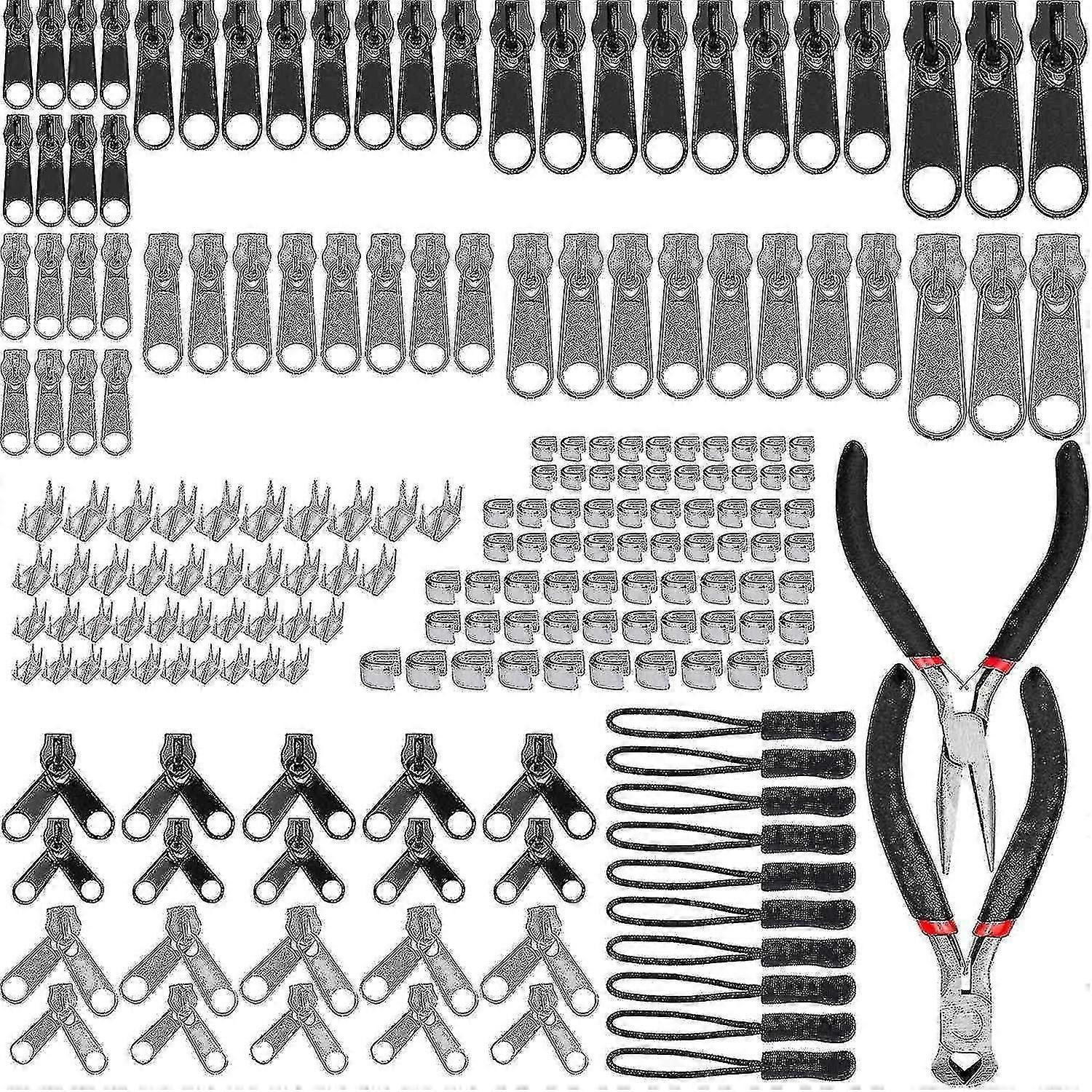 unique 197 Pcs Zipper Repair Kit, Replacement Zip Slider Zipper Replacement with 2 Mini Pliers, for Garment