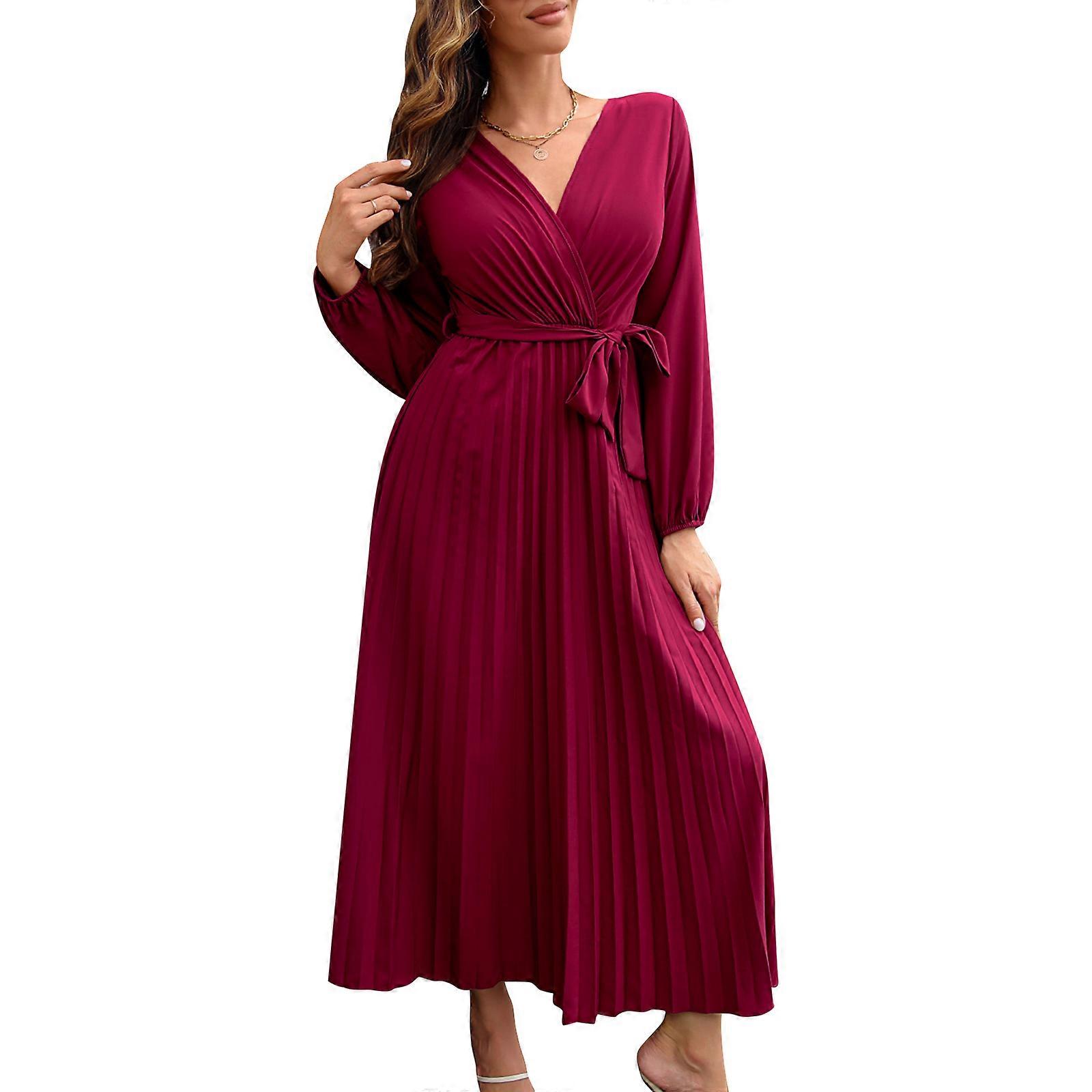 Women's Holiday Dress All-matching Wrap V-Neck Dress with Belt Flowy Long  Sleeves Dress Pleated Swing Dress Party Dress Burgundy XL | Fruugo UK